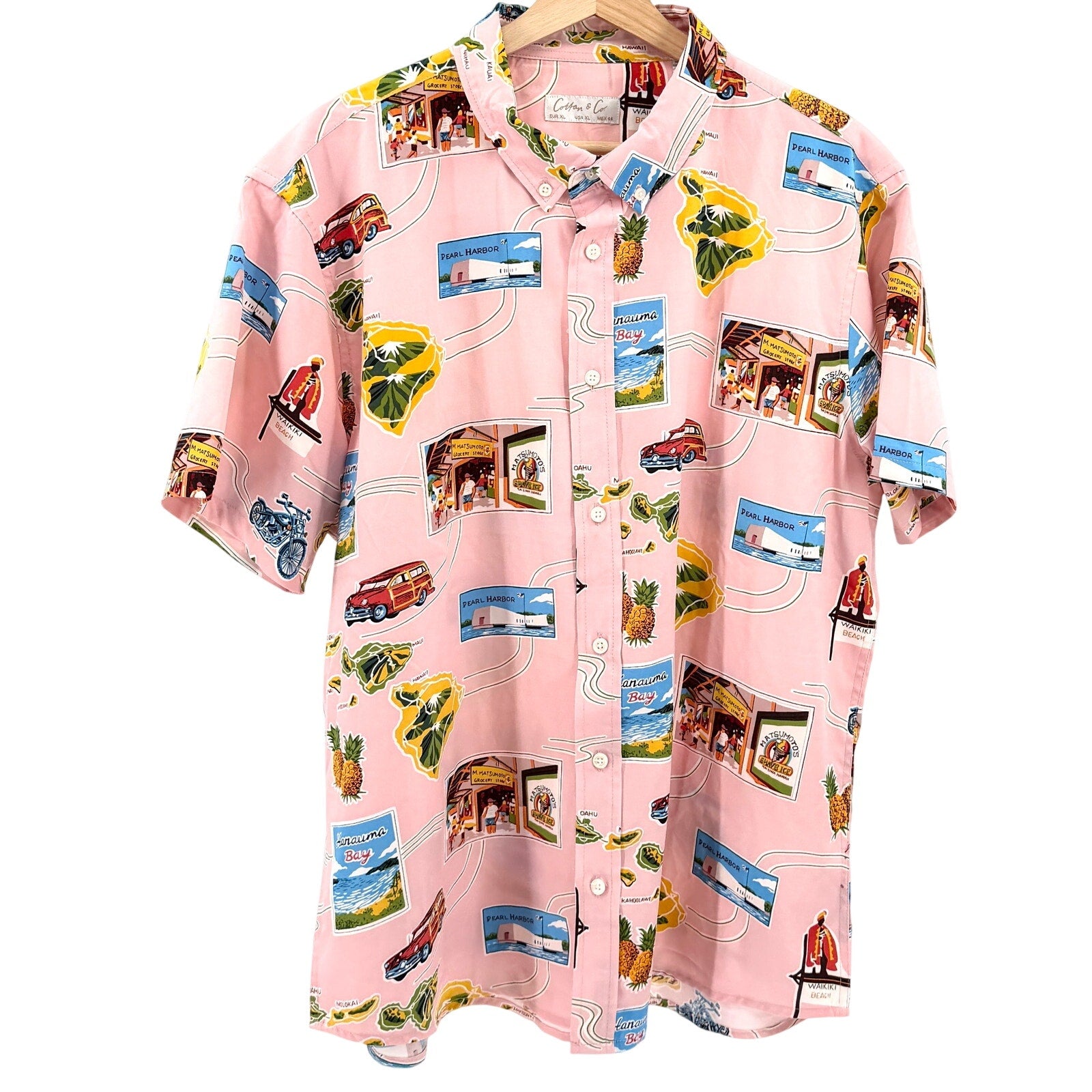 Cotton & Co. Pastel Pink Hawaii Map Souvenir Motif Short Sleeve Button Up Shirt