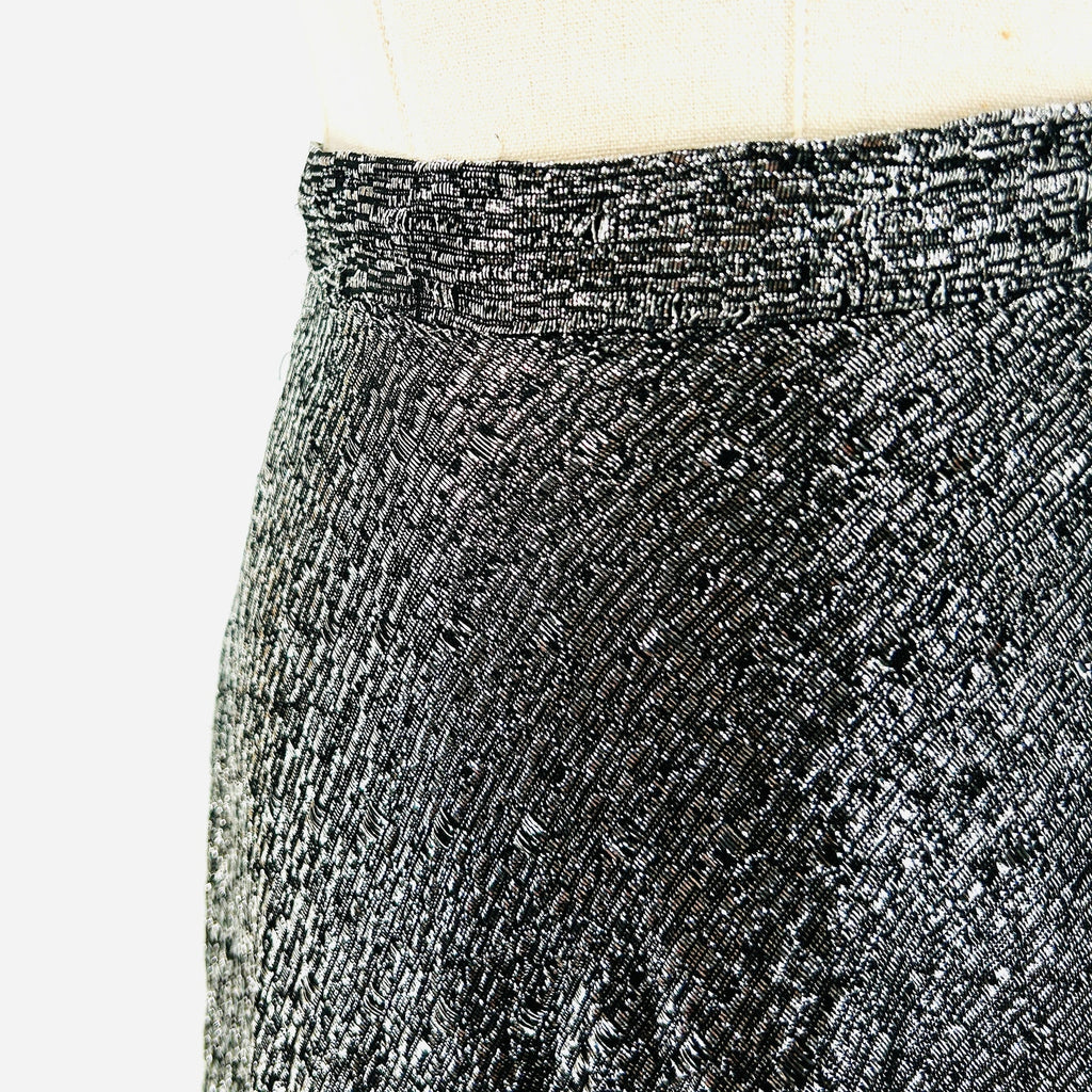 Vintage 80s Handmade Black Silver Metallic Woven Glam Midi Skirt