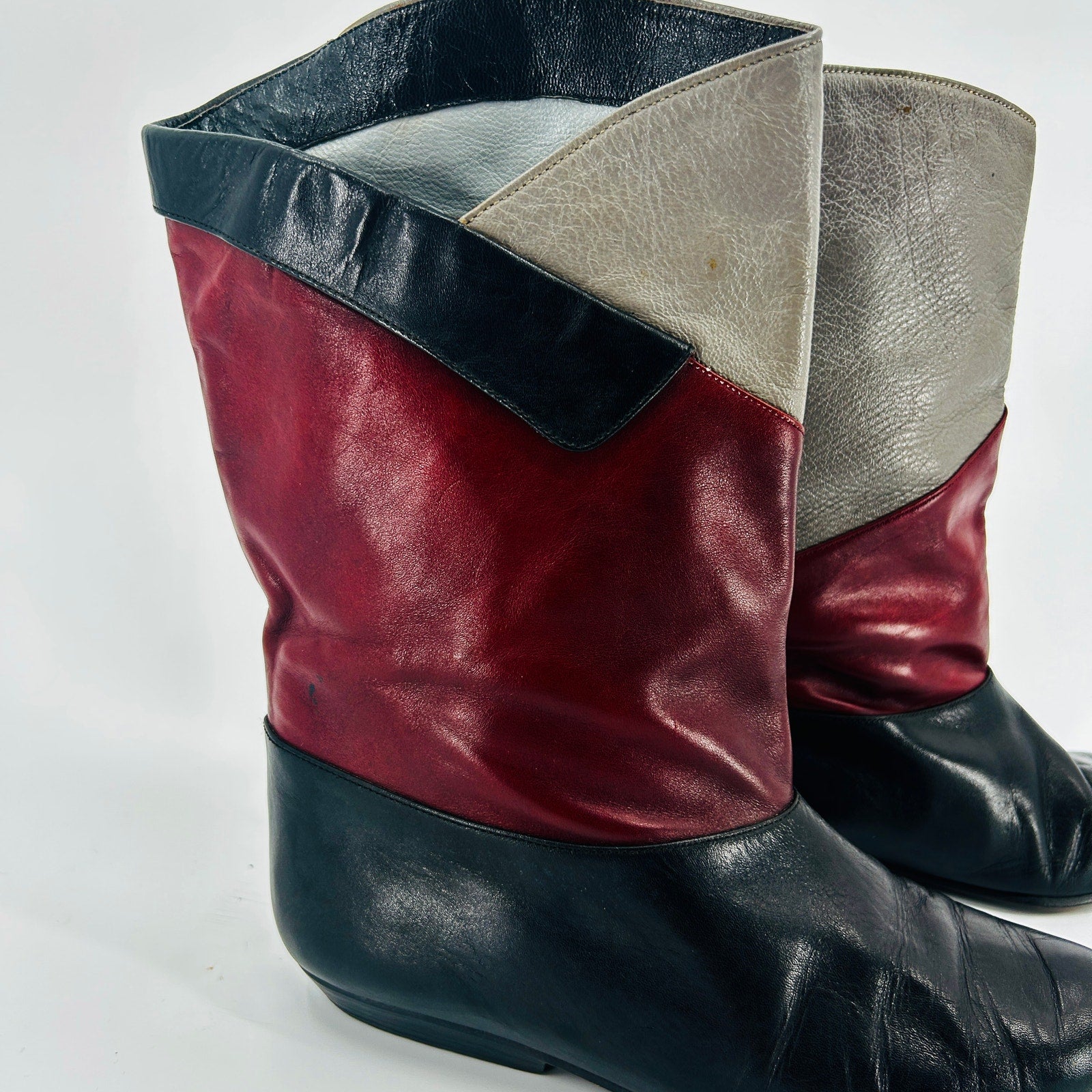 Vintage 80s Colorblock Burgundy Gray Black Leather Mid-Calf Boots