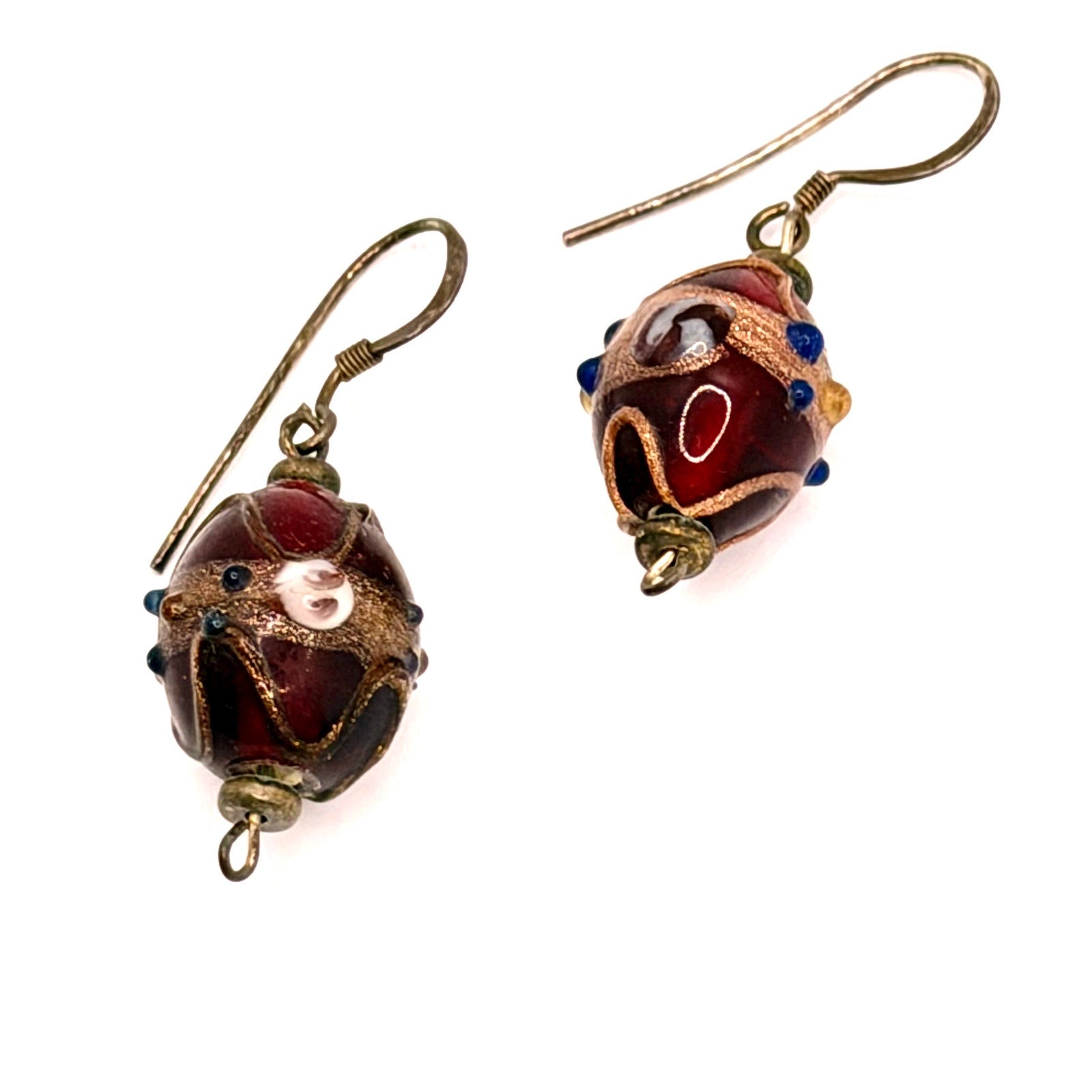 Vintage 90s Artisan Handmade Red Glass Filigree Bead Drop Earrings