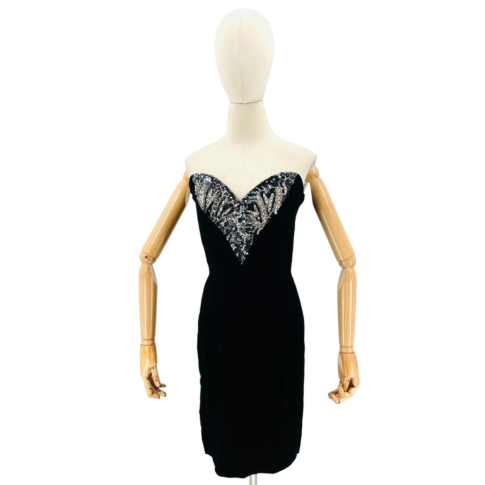 Vintage 80s Black Tie Oleg Cassini Beaded Velvet Cocktail Mini Dress