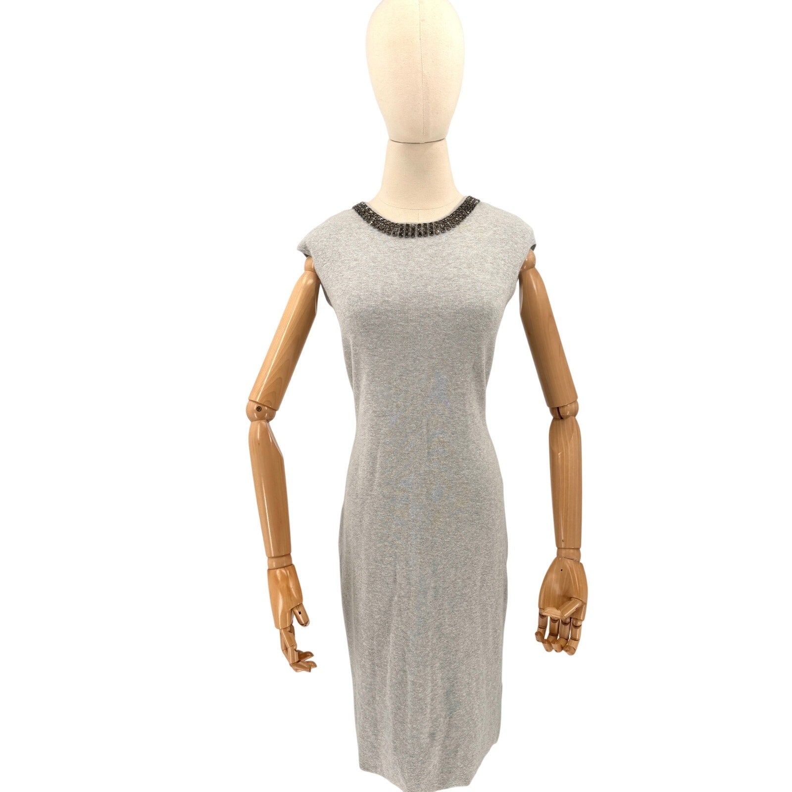 Lauren Ralph Lauren Grey Minimalist Glam Beaded Neckline Knit Sheath Dress