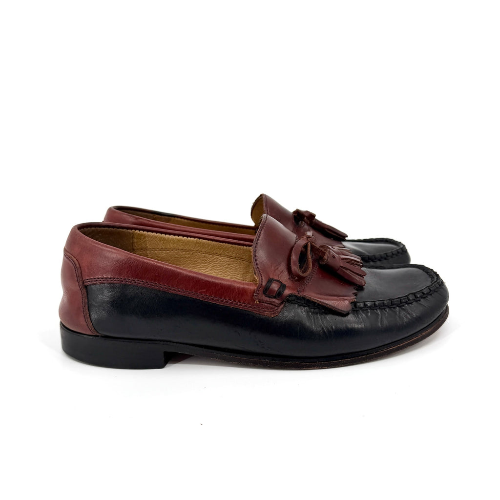 Vintage 90s Florsheim Black Brown Genuine Leather Tassel Kiltie Loafers