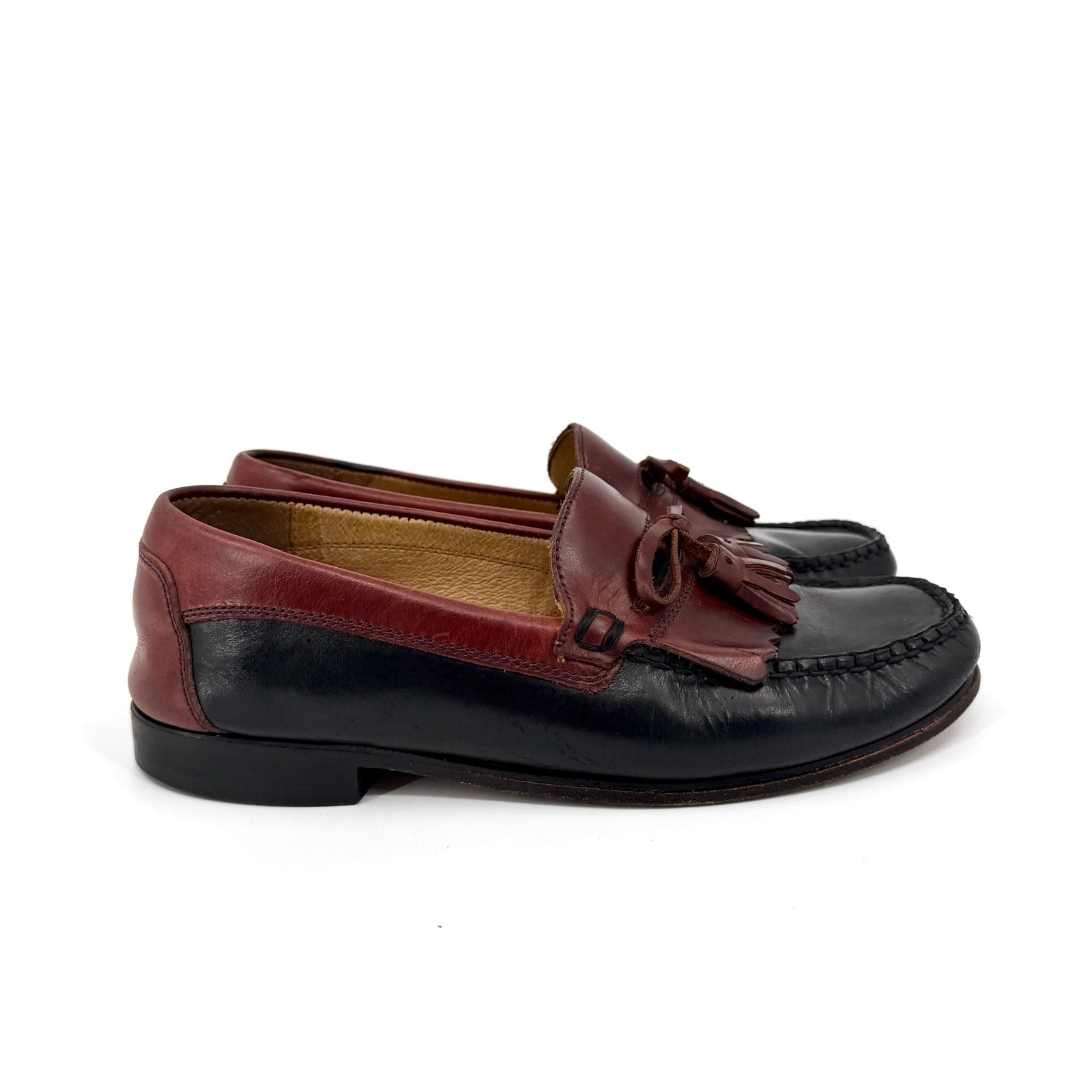 Vintage 90s Florsheim Black Brown Genuine Leather Tassel Kiltie Loafers