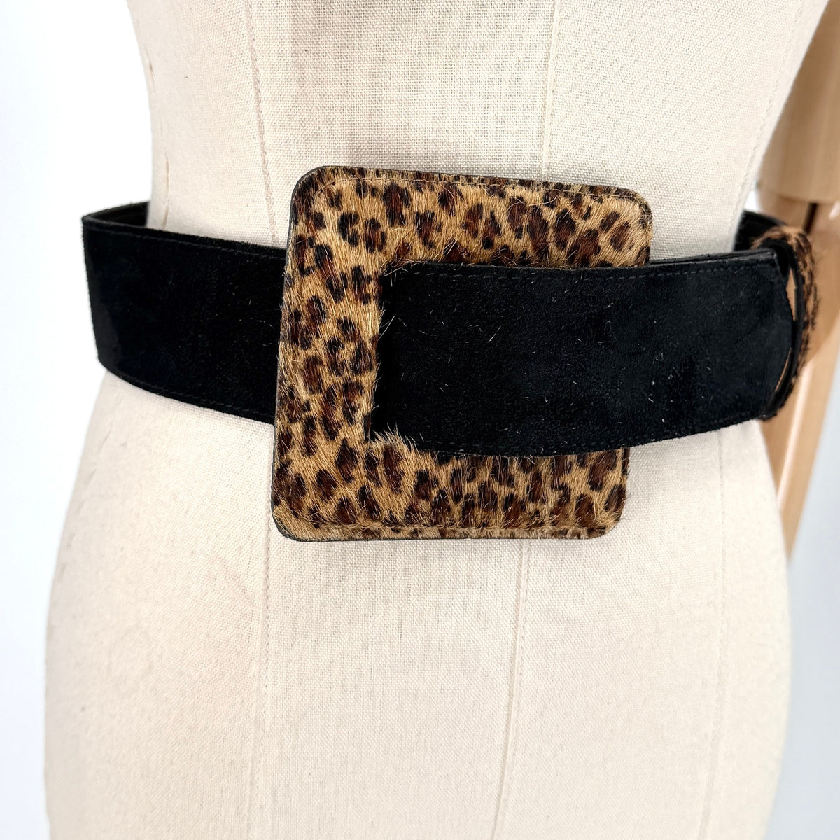 Vintage 90s Black Genuine Suede Oversized Leopard Buckle Belt