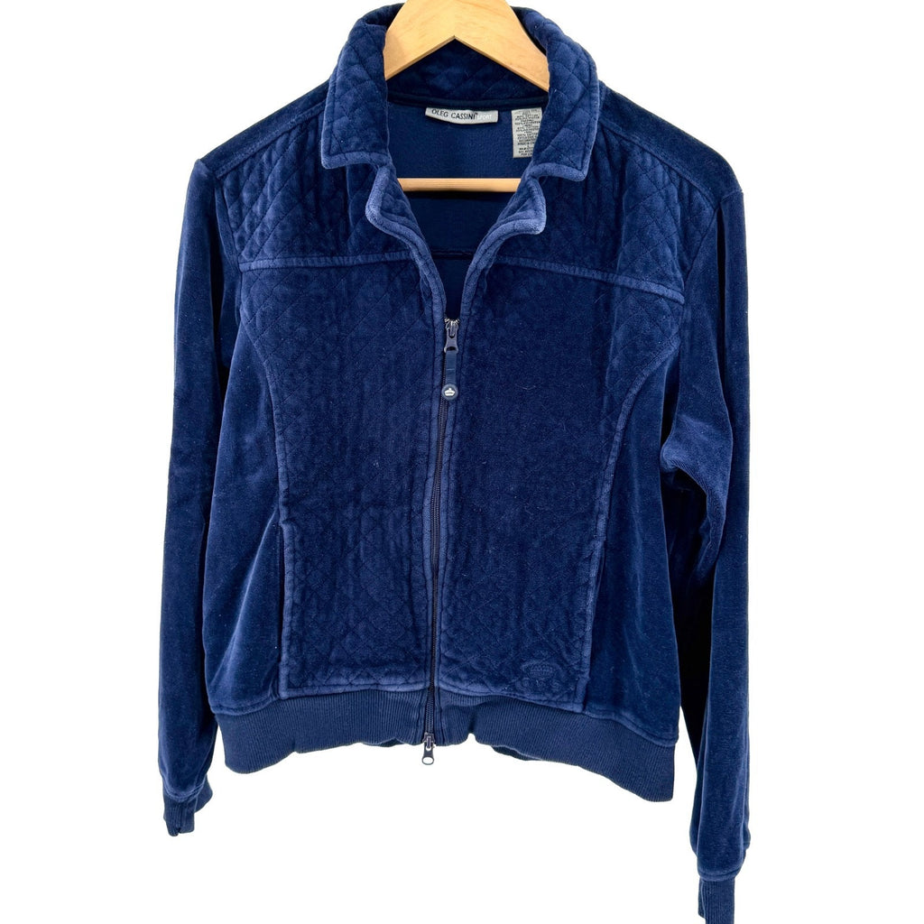 Vintage Y2K Oleg Cassini Sport Navy Quilted Velour Zip Jacket