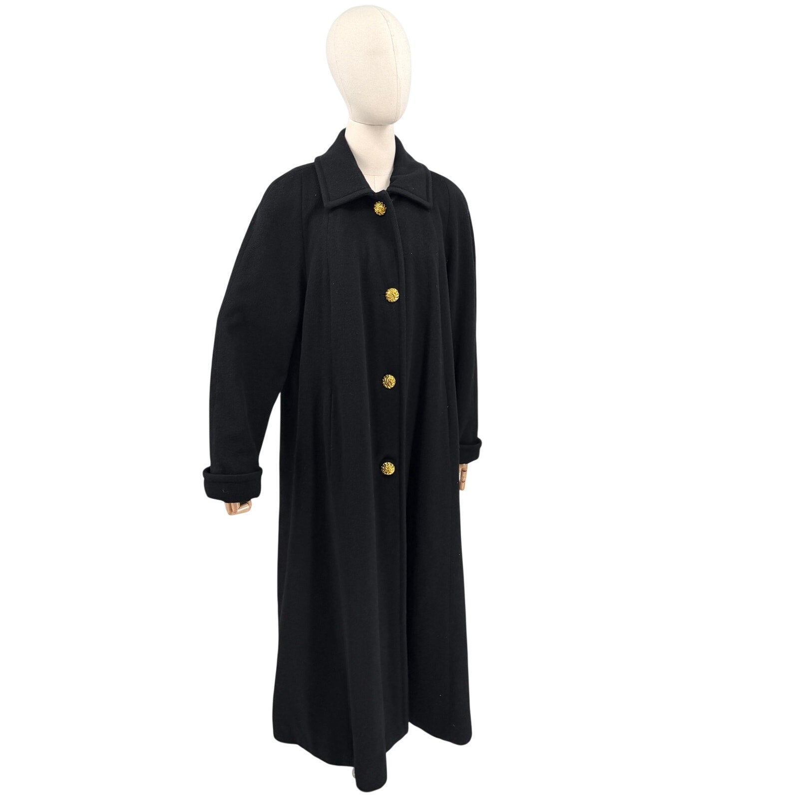 Vintage 90s Perry Ellis Black 100% Wool Gold Button Swing Overcoat