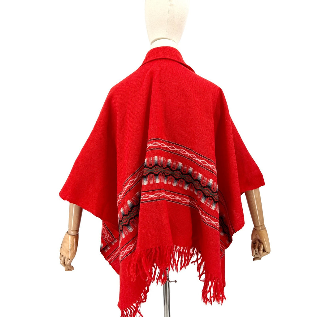 Vintage 70s South American Woven Red Fringe Poncho Ruana Cape