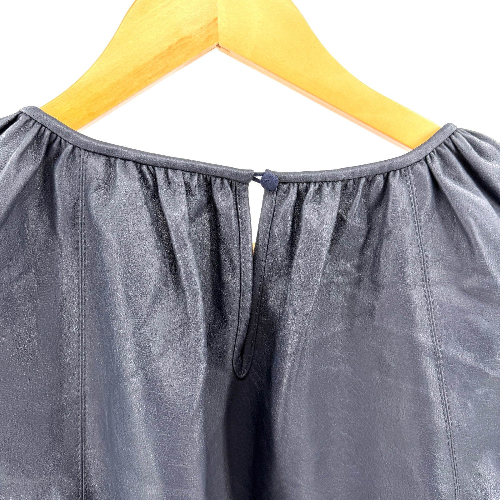 Rebecca Taylor Navy Blue Vegan Leather Silk Lined Puff Sleeve Top