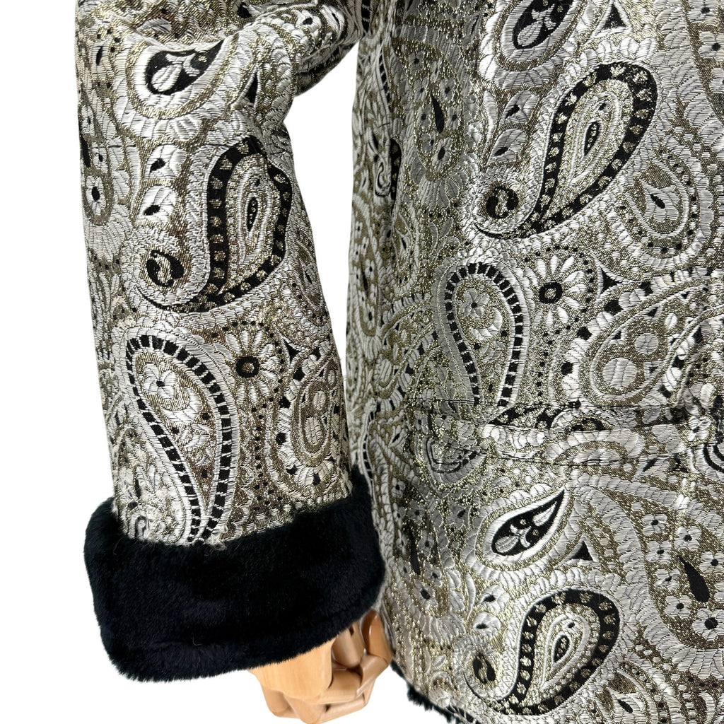 Vintage 80s Silver Gold Paisley Brocade Faux Fur Trim Tuxedo Jacket Coat