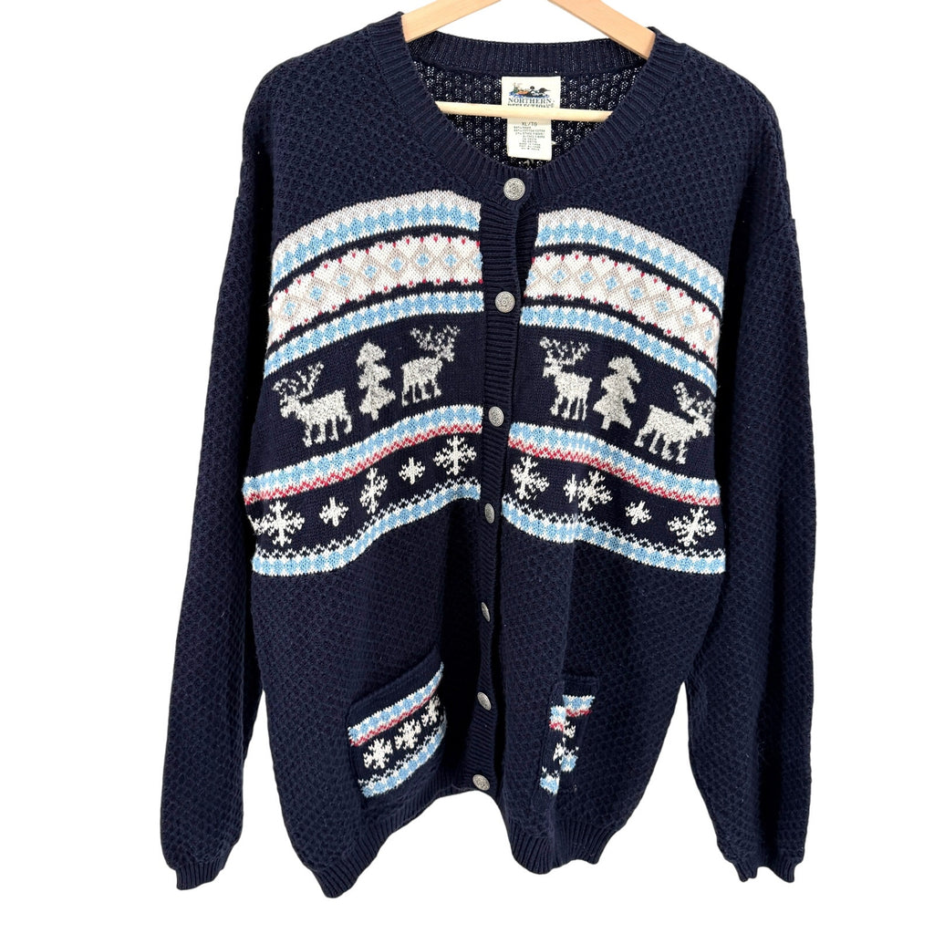 Vintage 90s Northern Reflections Navy Blue Fair Isle Reindeer Cardigan Sweater