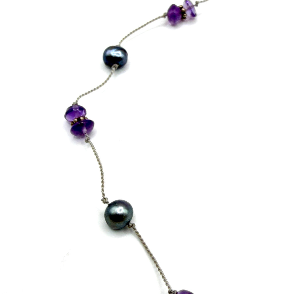Vintage 90s Purple Grey Amethyst Pearl Tin Cup Toggle Necklace