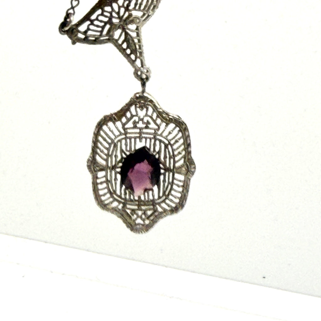 Vintage 20s Art Deco Purple Amethyst Filigree Silver Tone Lavalier Necklace
