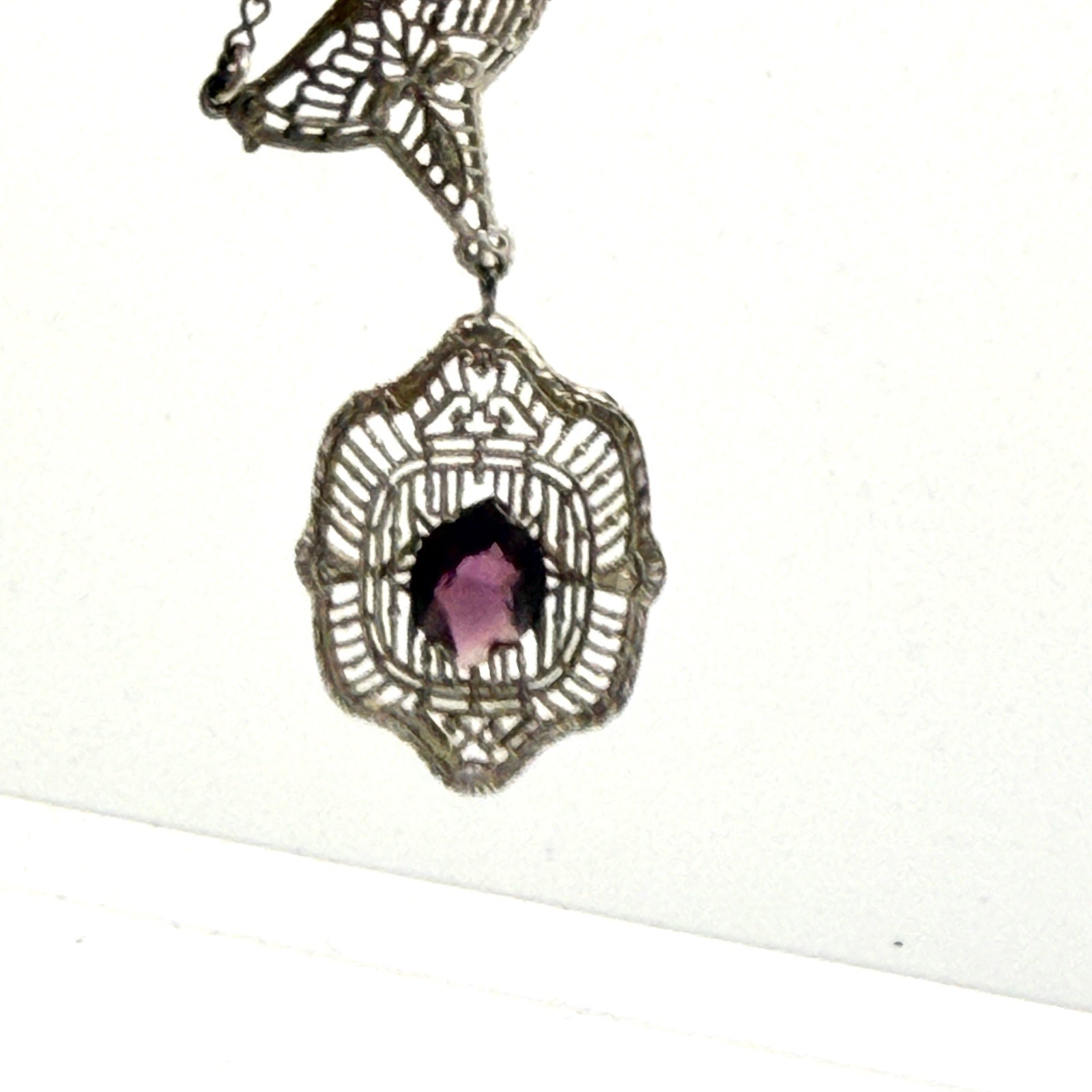 Vintage 20s Art Deco Purple Amethyst Filigree Silver Tone Lavalier Necklace