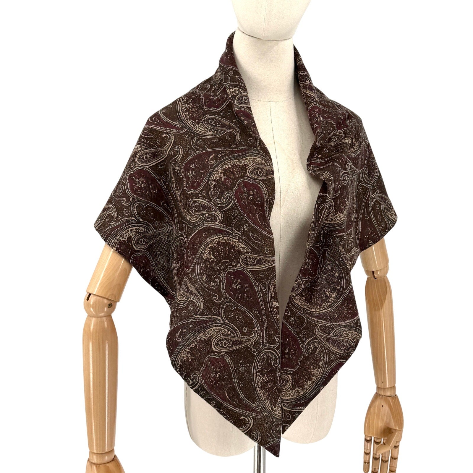 Vintage 80s Boho Maroon Olive Paisley Print Two Ply Triangle Shawl Scarf