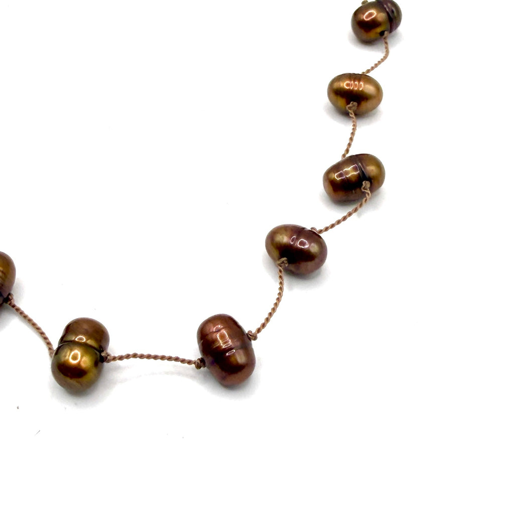 Vintage 90s Brown Baroque Freshwater Pearl Hand Knotted Floating Choker Necklace