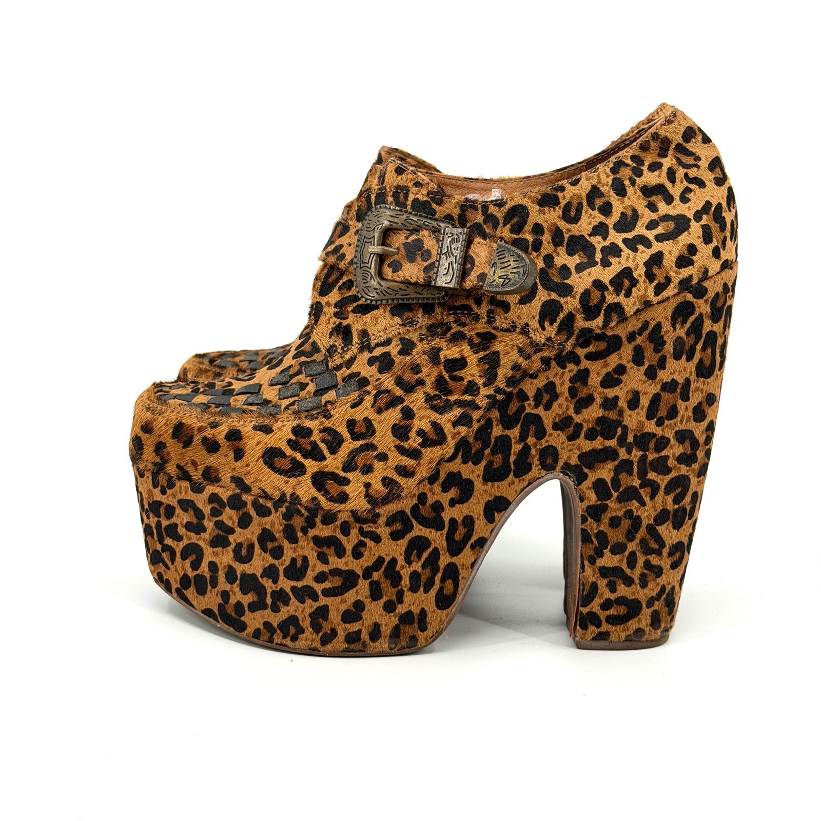 Jeffrey Campbell Leopard Genuine Leather Western Buckle Platform Loafers