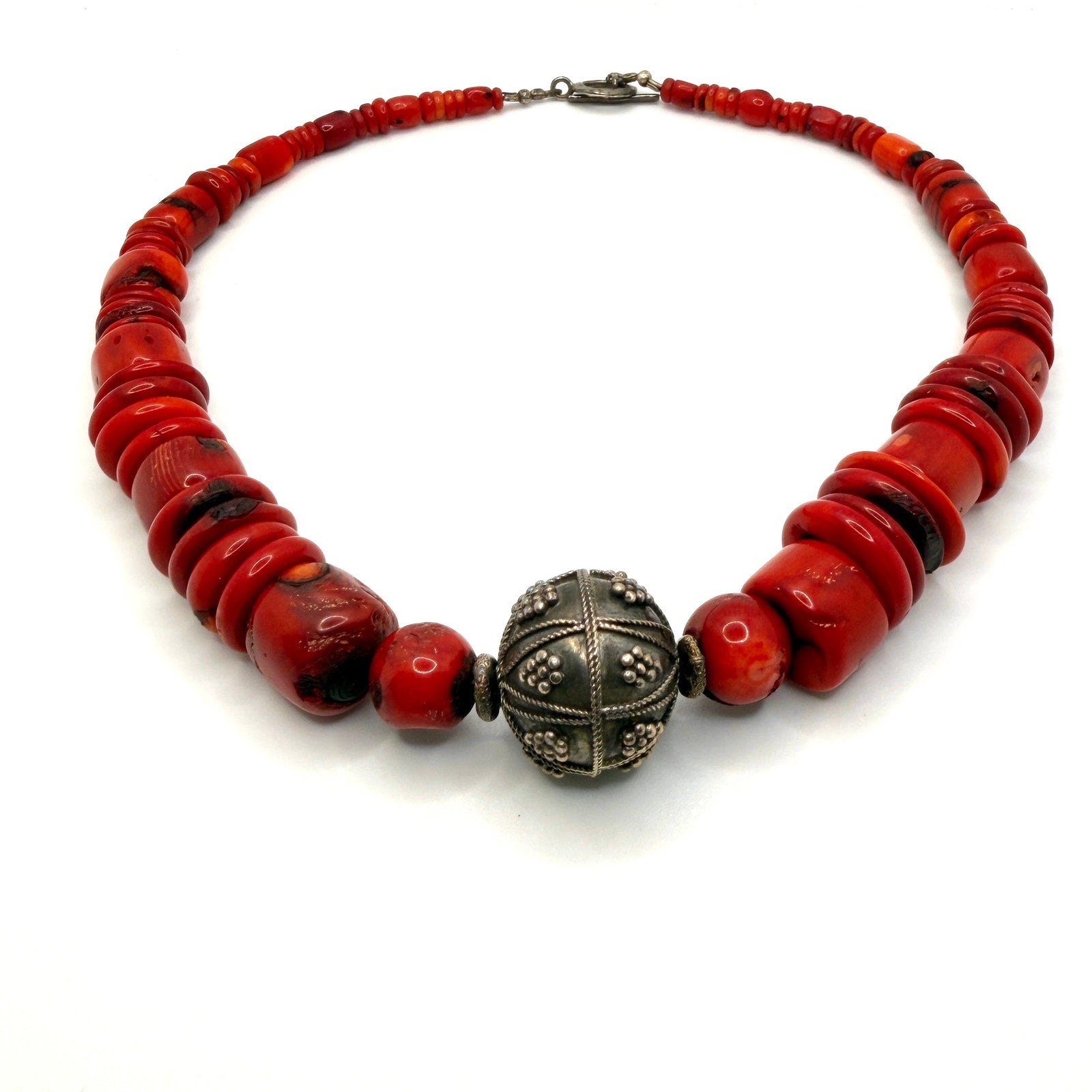 Vintage Red Natural Coral Berber Bawsani Filigree Focal Toggle Necklace