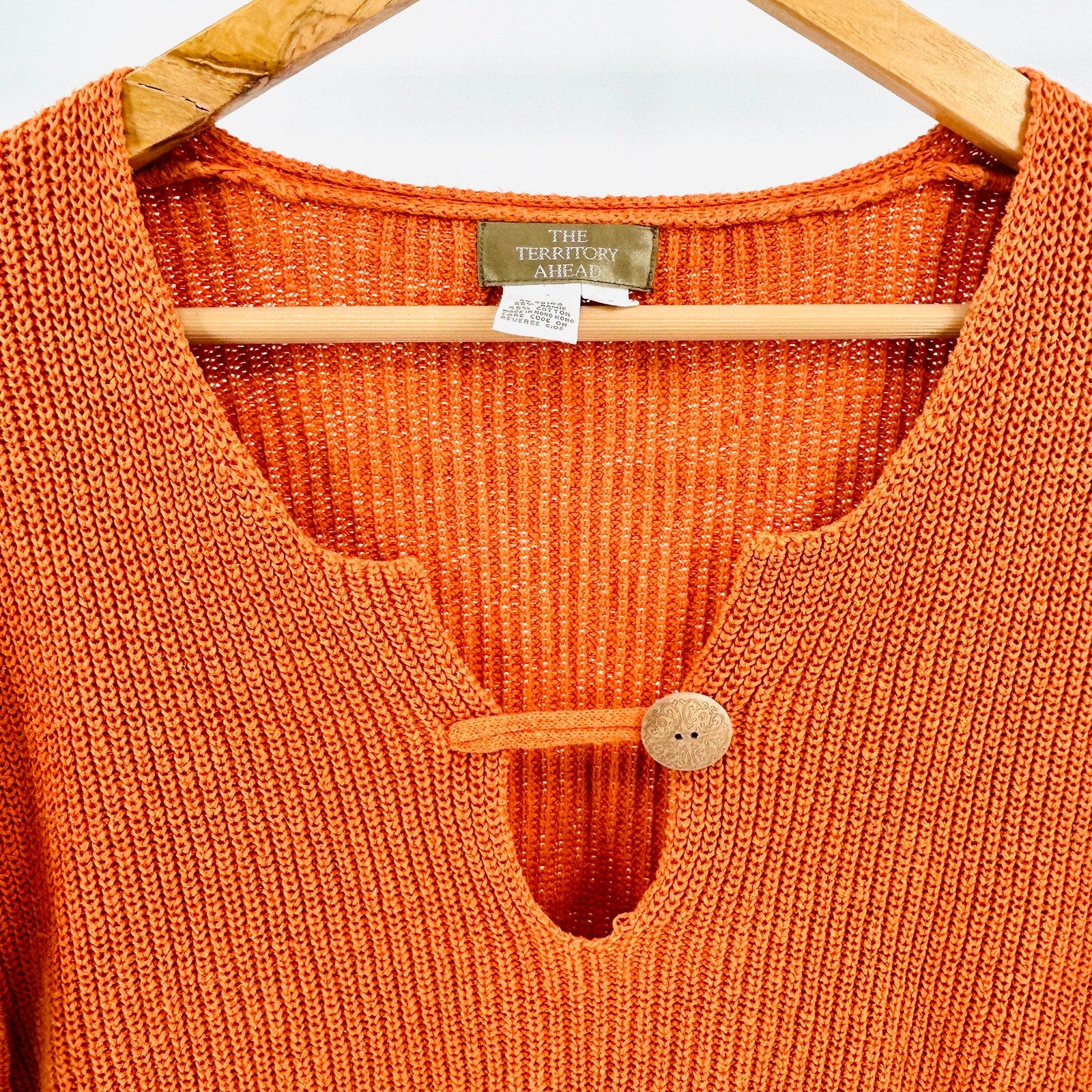 Vintage 90s The Territory Ahead Orange Ramie Cotton Boho Button Sweater