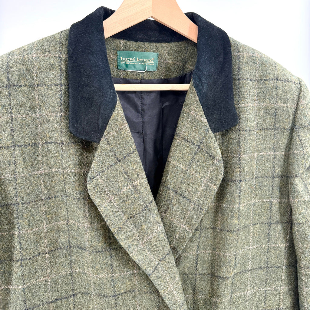 Vintage 90s Harve Benard Green Oversized 100% Wool Genuine Suede Trim Blazer