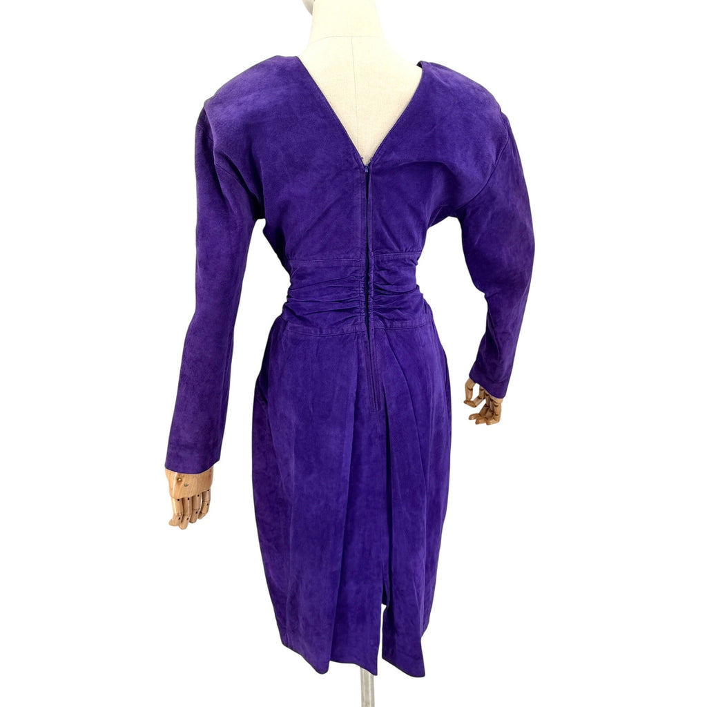 Vintage 80s Lord & Taylor Purple Genuine Suede Ruched Waist Pencil Dress