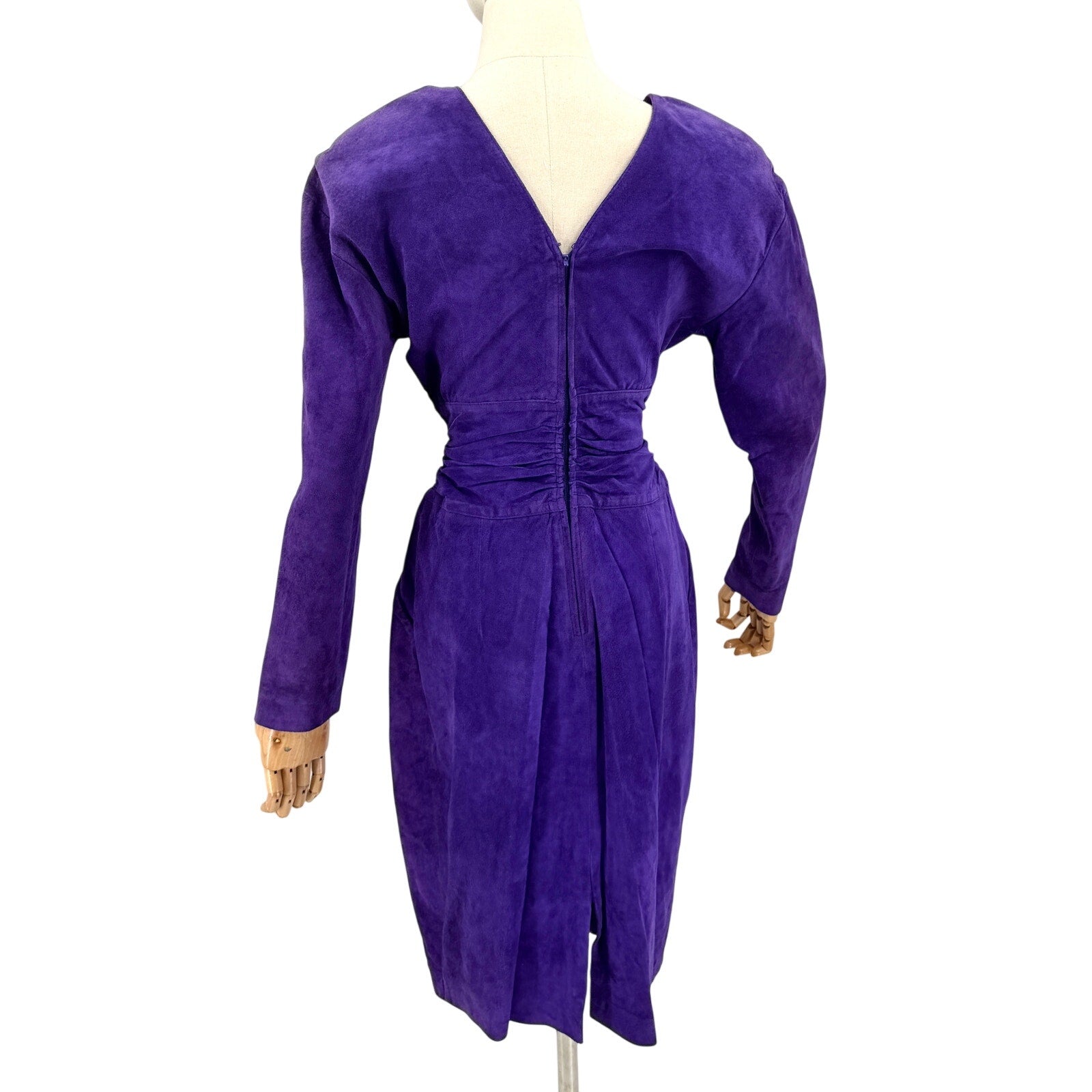 Vintage 80s Lord & Taylor Purple Genuine Suede Ruched Waist Pencil Dress