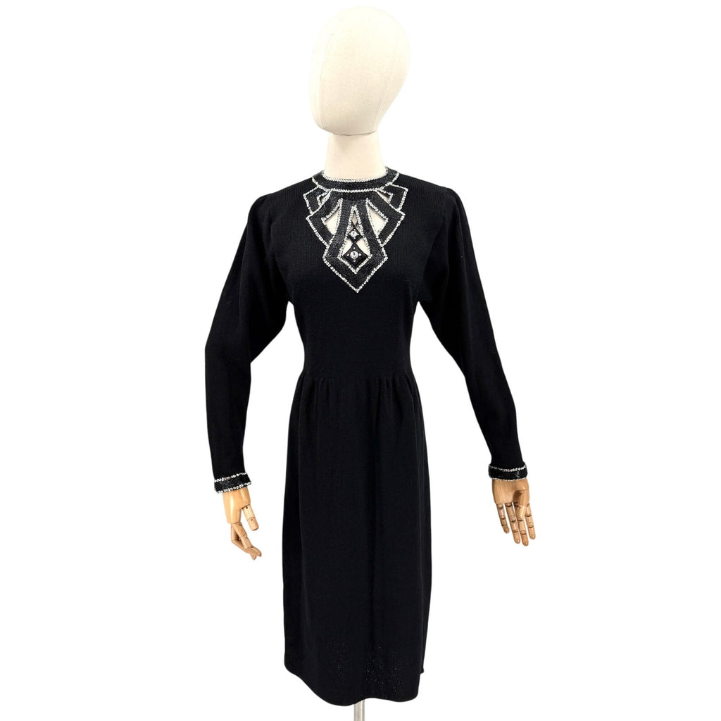 Vintage 80s Lillie Rubin Black Wool Blend Beaded Cutout Glam Sweater Dress
