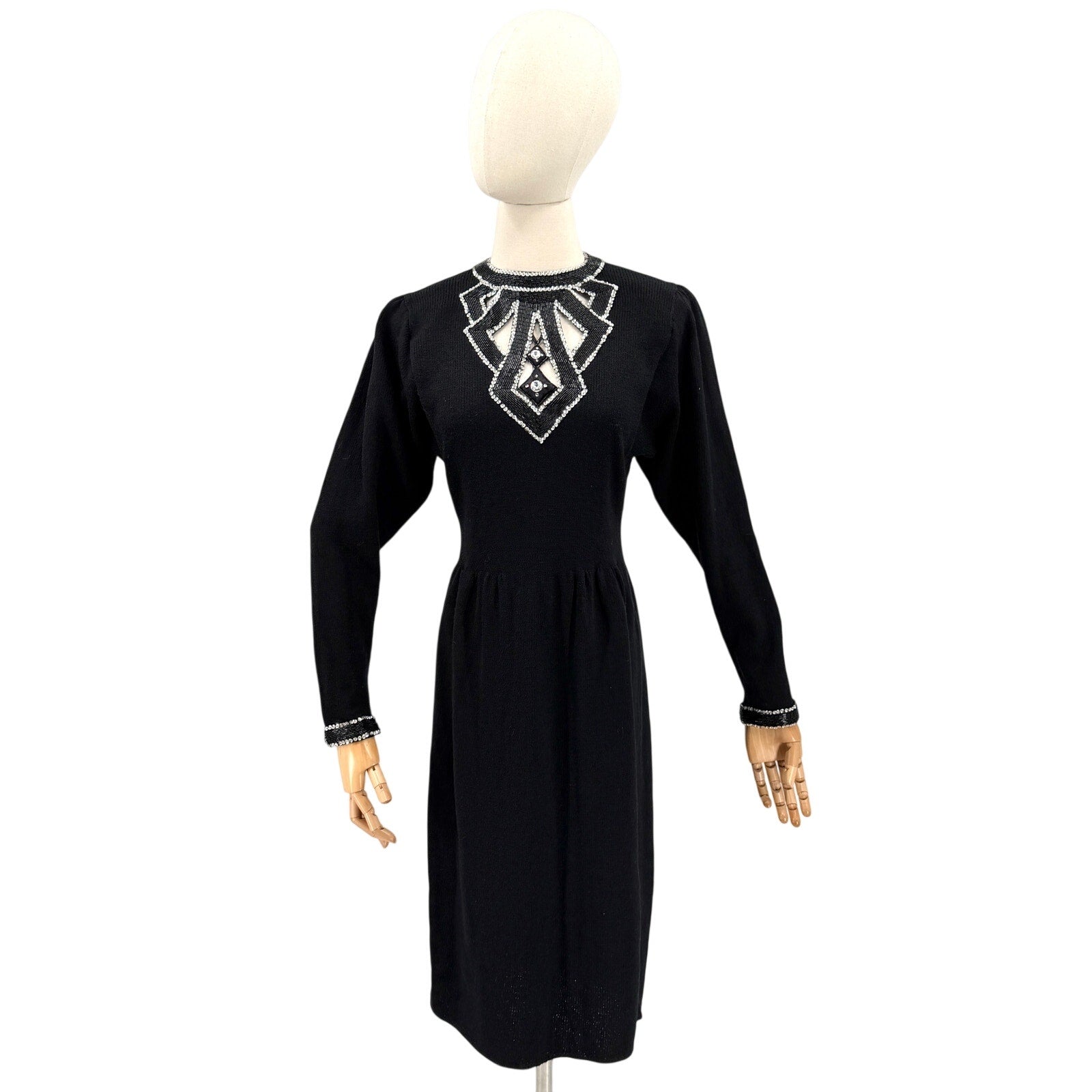 Vintage 80s Lillie Rubin Black Wool Blend Beaded Cutout Glam Sweater Dress