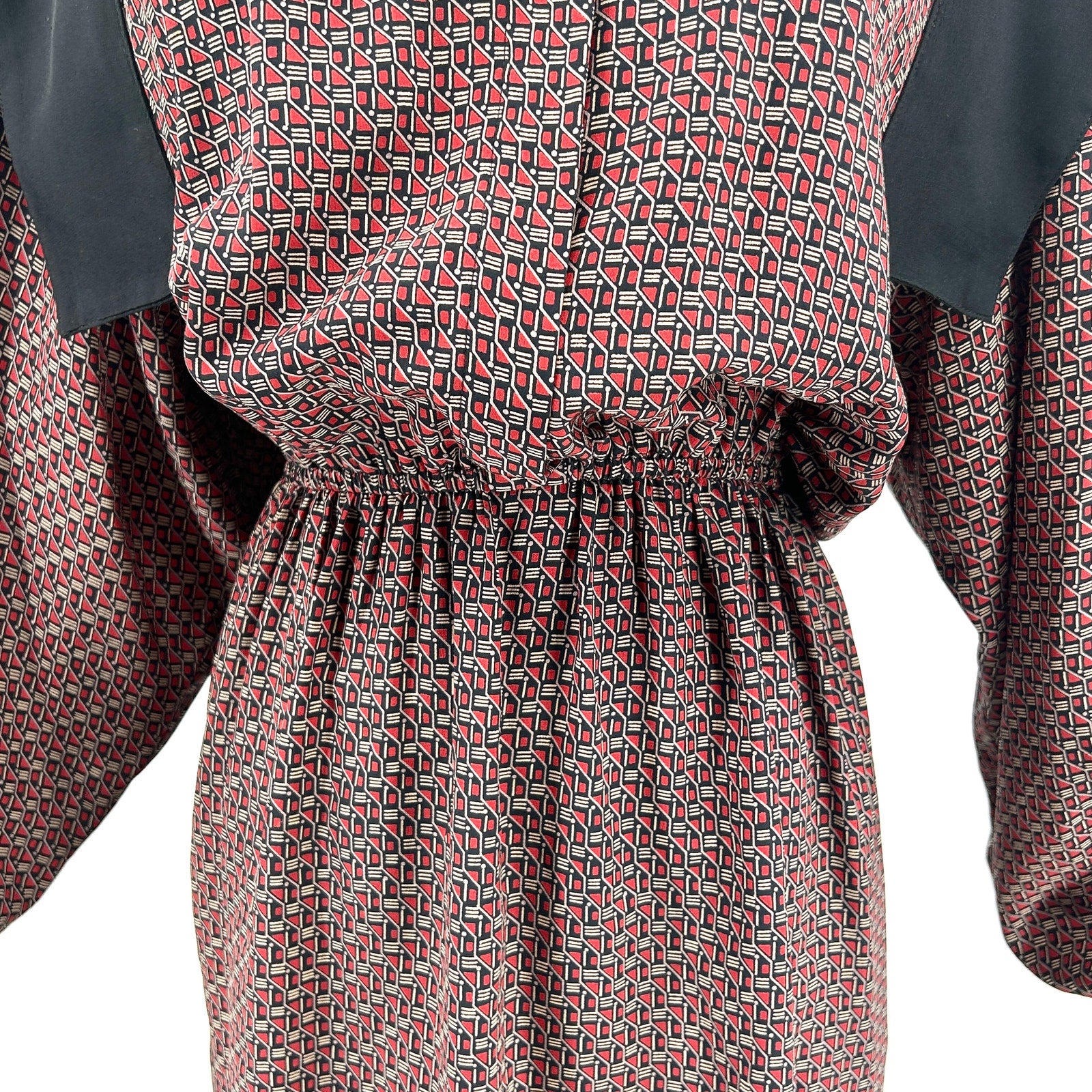 Vintage 1980s Oleg Cassini Boutique Red Black Geometric Dress