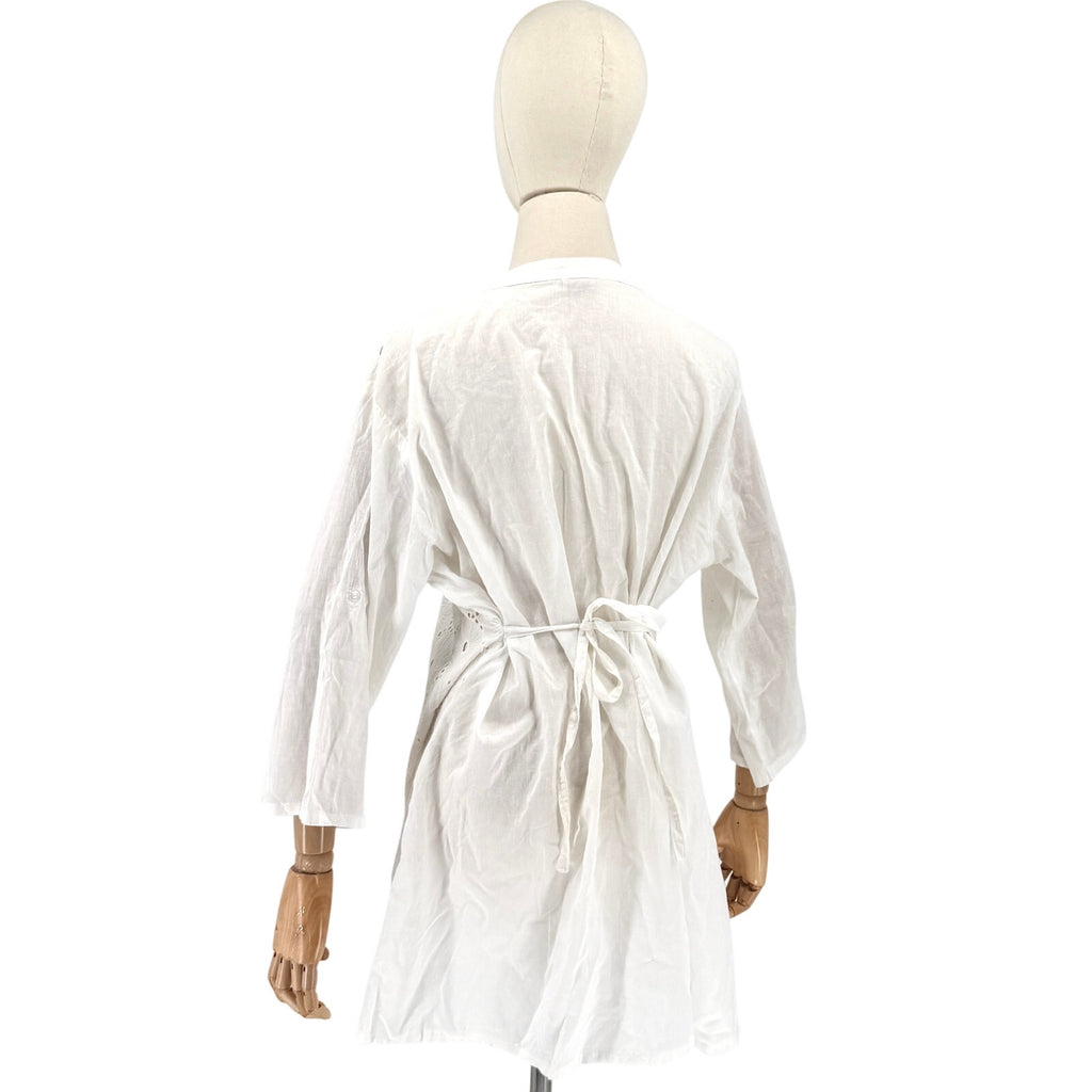 Vintage Y2K Swarna White 100% Cotton Bohemian Eyelet Beaded Button Up Dress