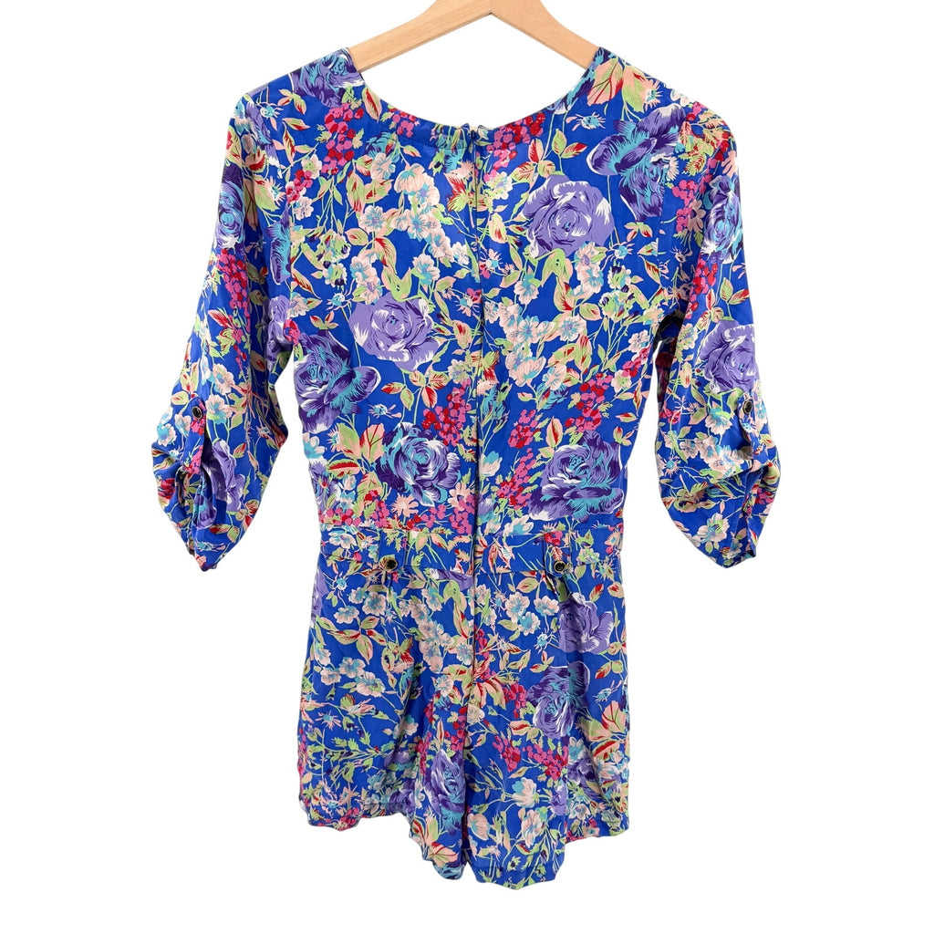 Yumi Kim Blue 100% Silk Floral Print Long Sleeve Wrap Romper