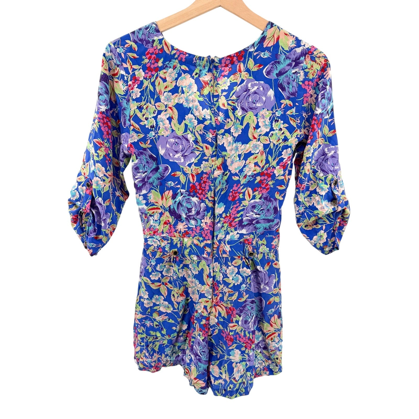 Yumi Kim Blue 100% Silk Floral Print Long Sleeve Wrap Romper