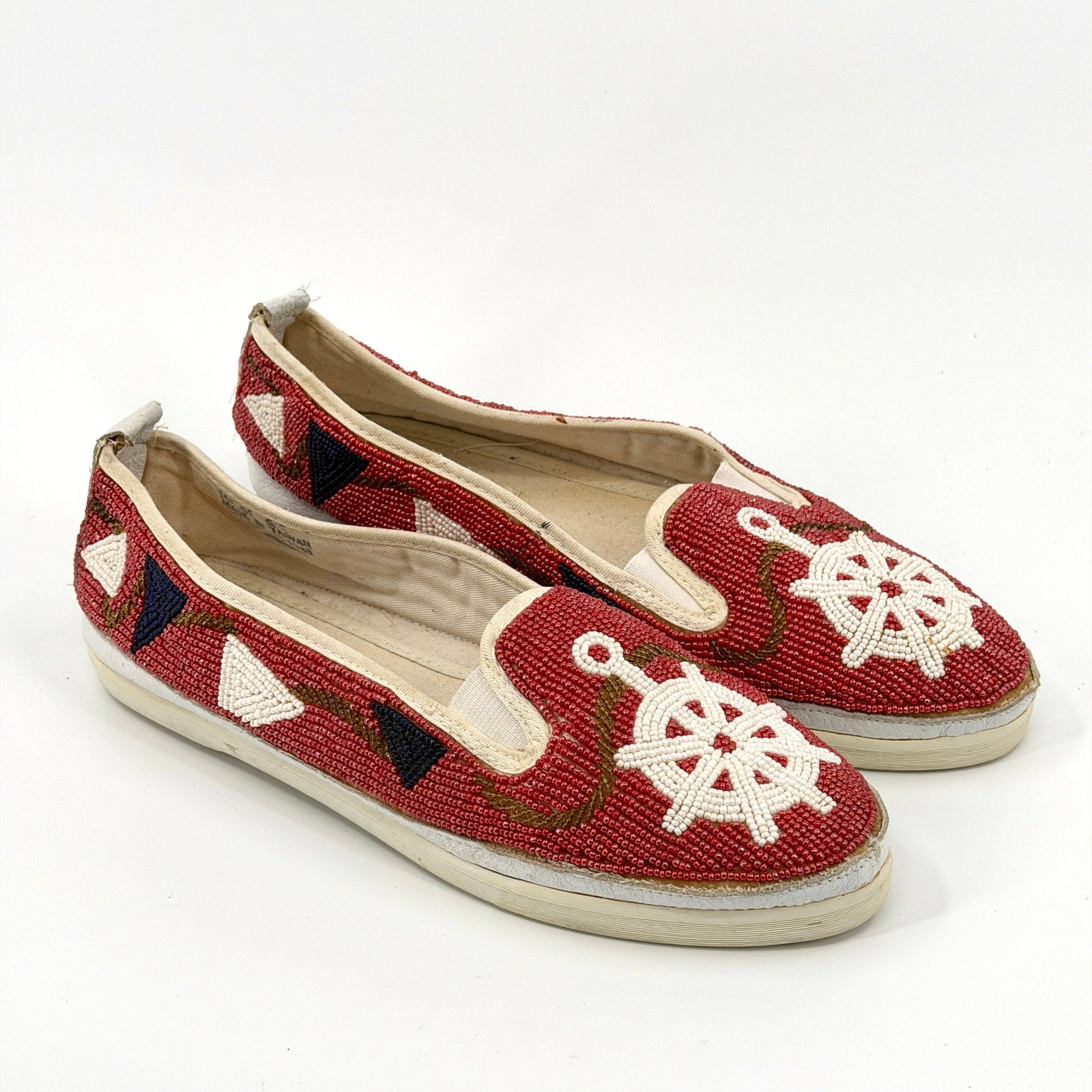 Vintage 80s Beadz Nautical Beaded Red Canvas Slip On Shoes