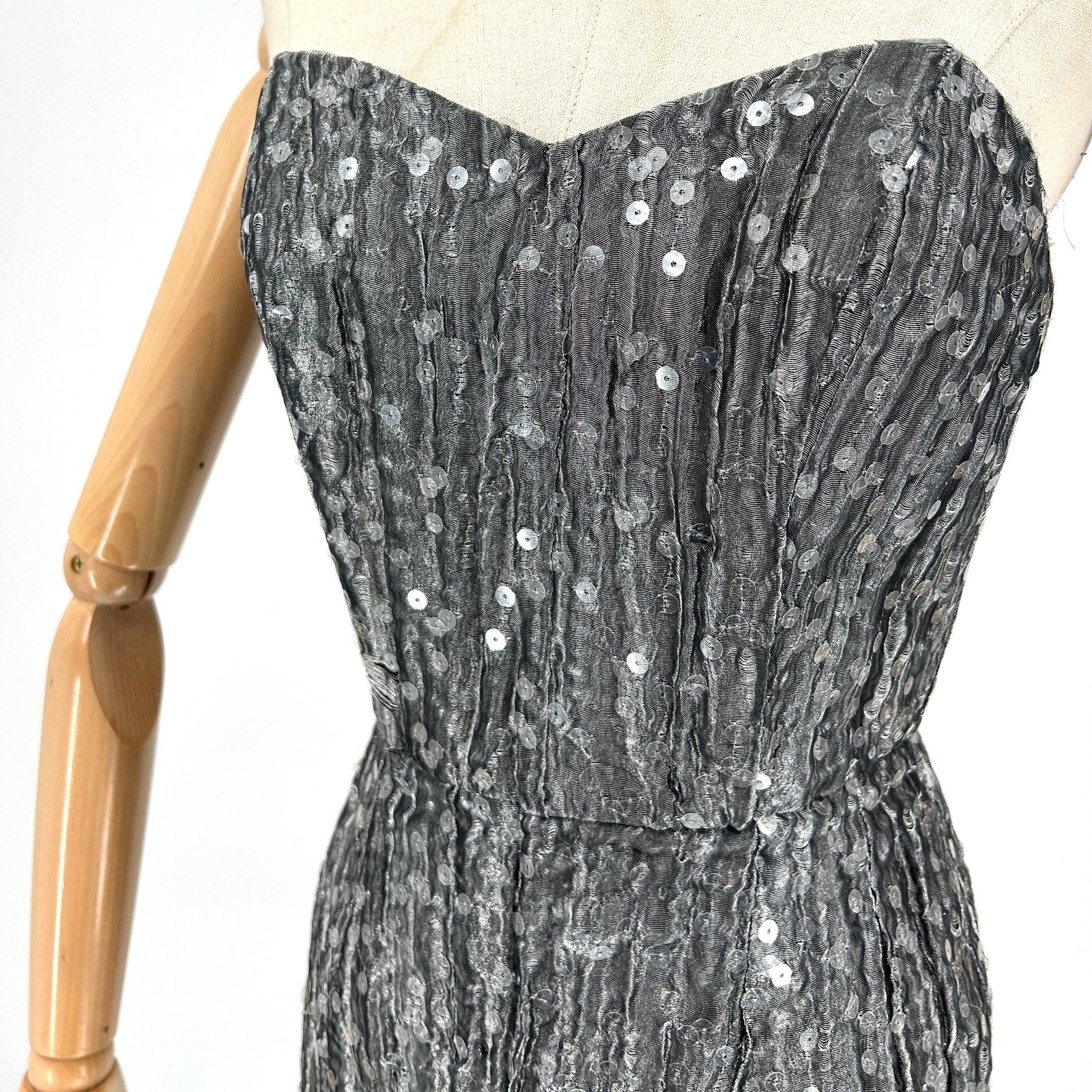 Vintage 90s Jacques Azagury Silver Metallic Sequin Silk Strapless Boned Dress