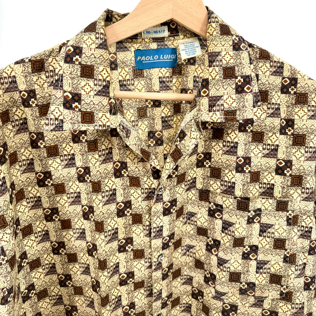 Vintage 90s Paolo Luigi Brown Geometric Short Sleeve Button Up Shirt