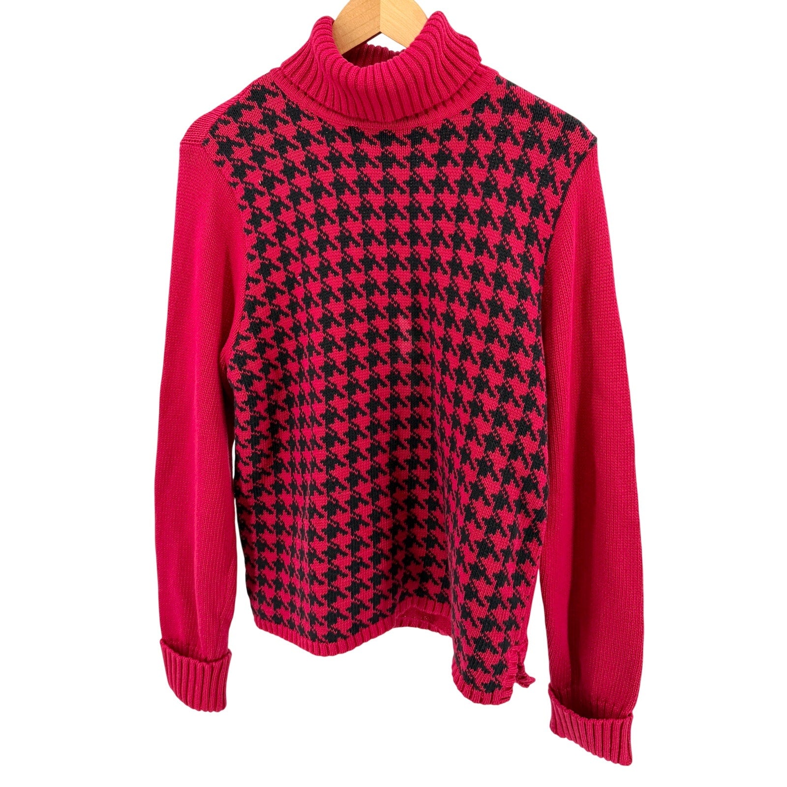 Vintage 90s Jeanne Pierre Red 100% Cotton Houndstooth Turtleneck Sweater
