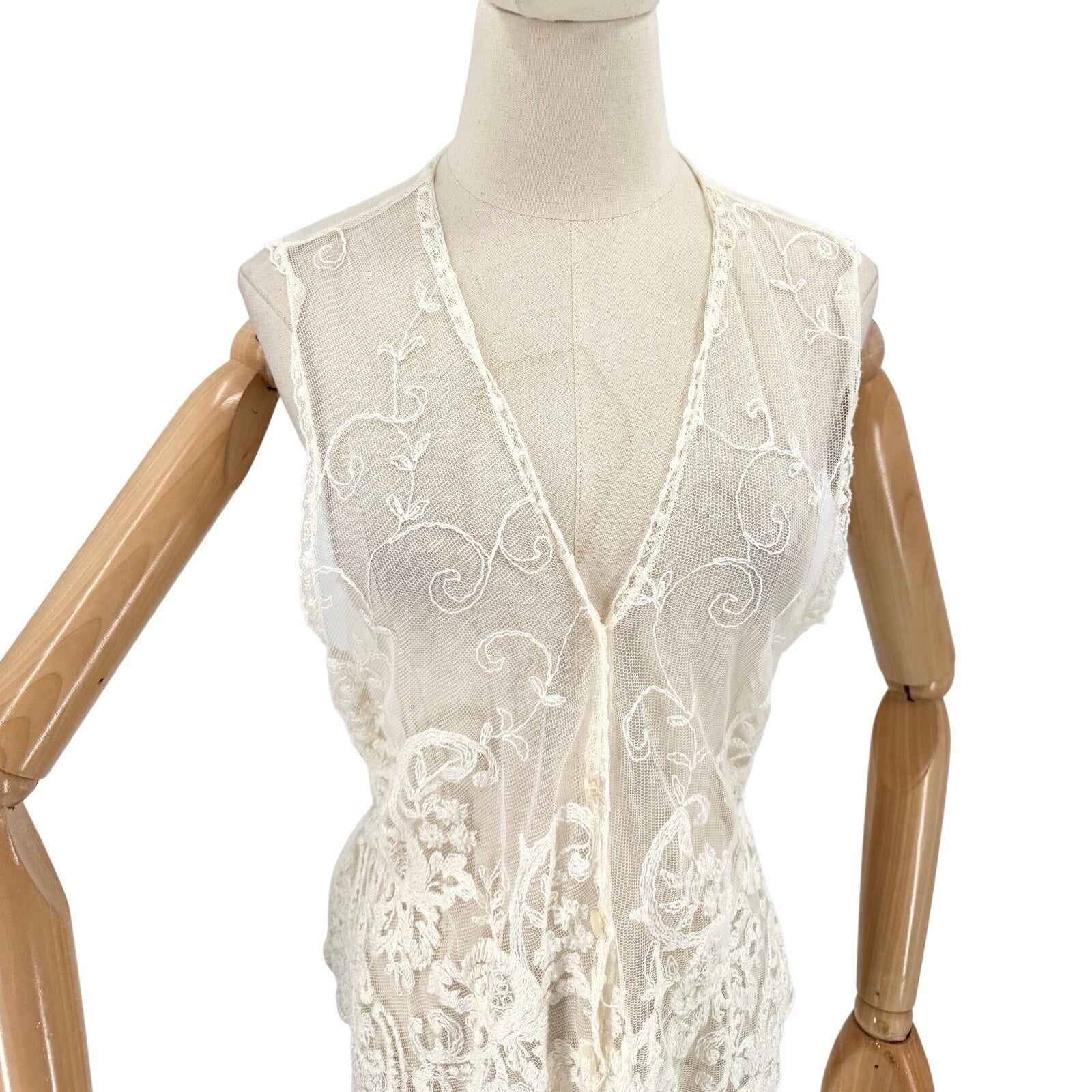 Vintage 90s ICE Ivory Mesh Lace Floral Embroidered Tie-Back Vest