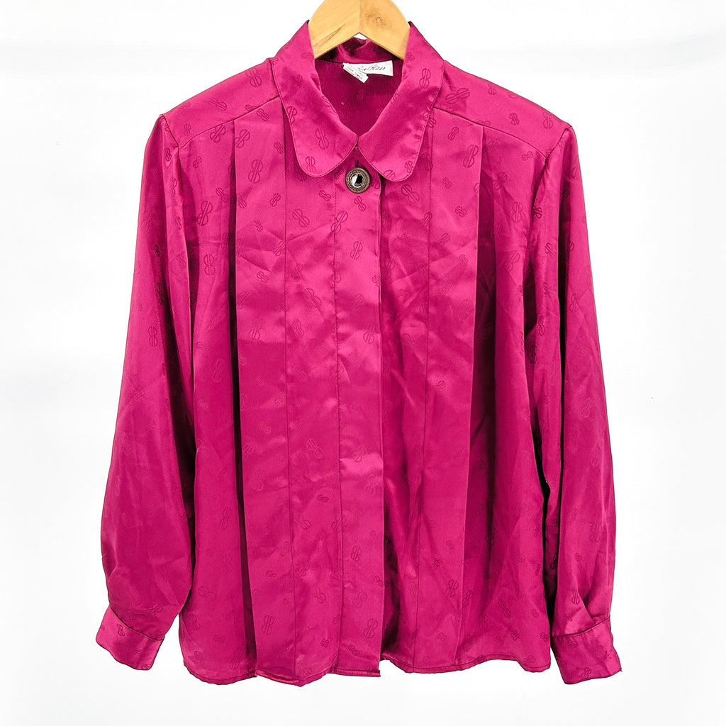 Vintage 80s Bill Blass Magenta Satin Monogram Jacquard Blouse