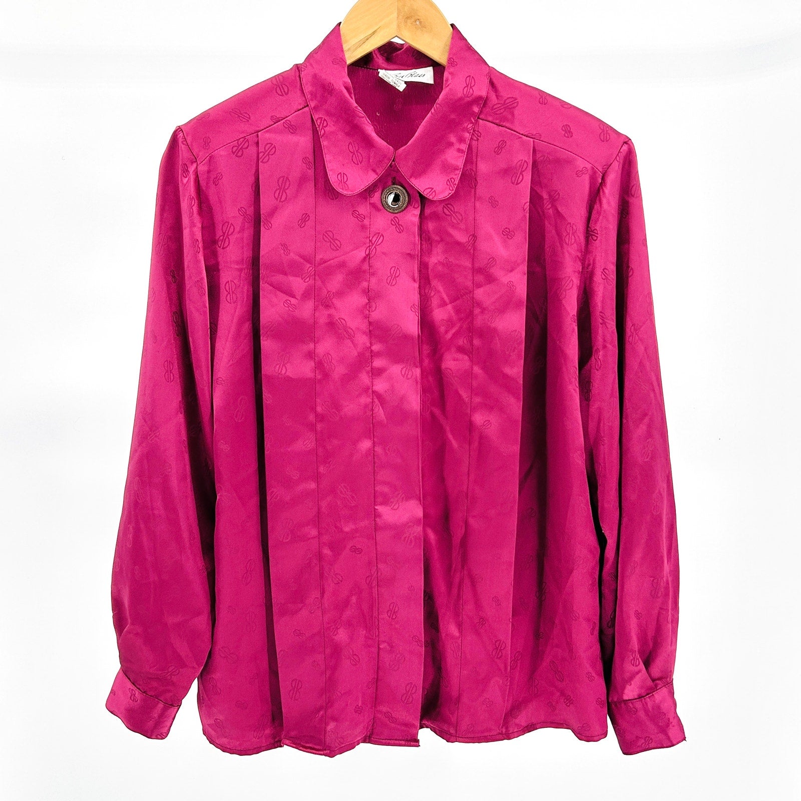 Vintage 80s Bill Blass Magenta Satin Monogram Jacquard Blouse