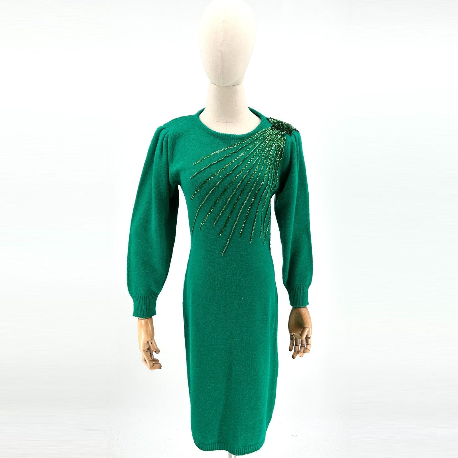 Vintage 80s Interim Green Sequin Shoulder Pad Knit Sweater Dress