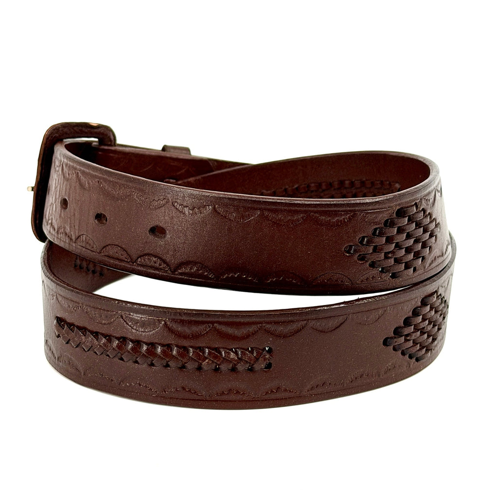 Vintage 80s Brown Genuine Leather Tooled Basketweave Western Belt