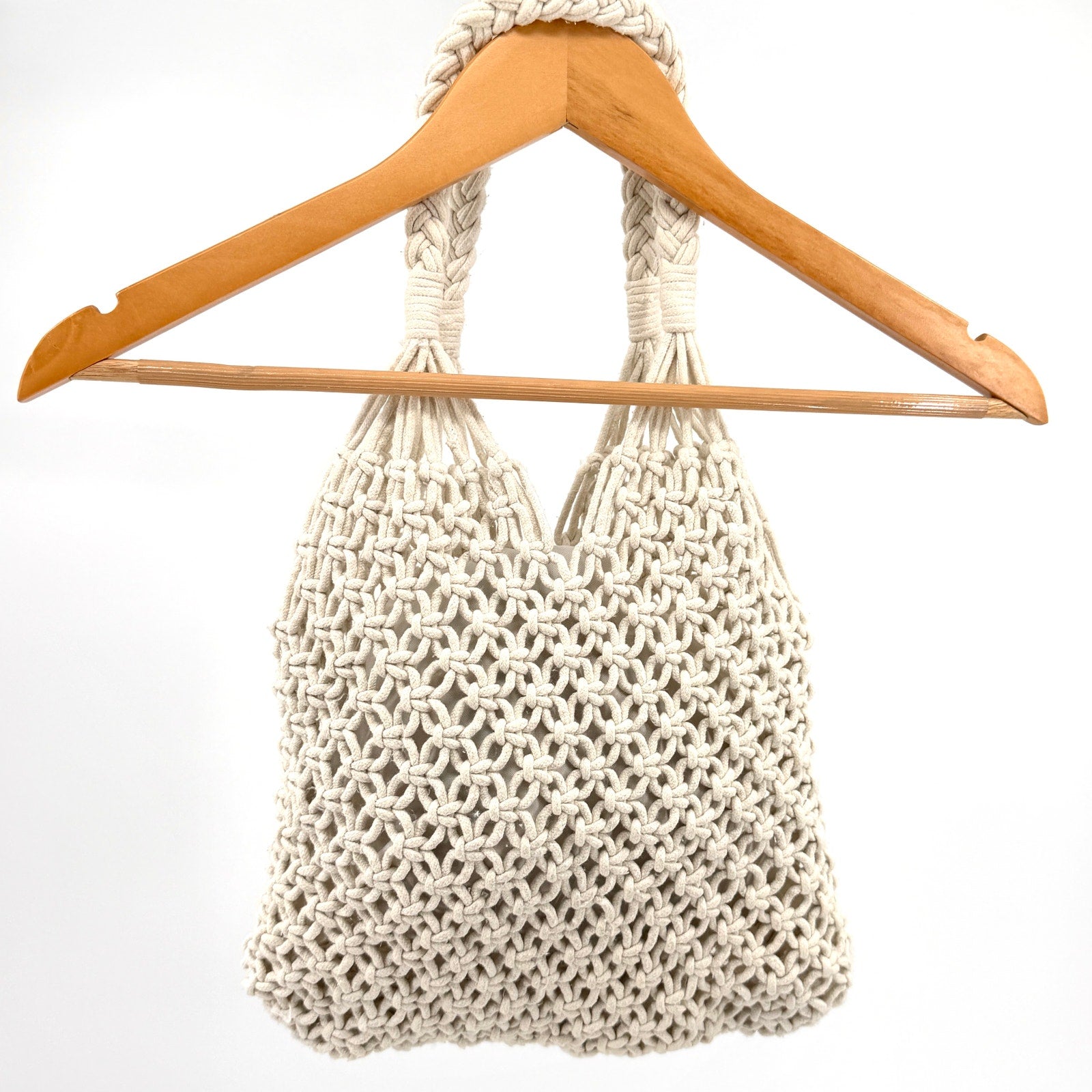 Vintage 90s Boho Coastal Cream Cotton Cord Macrame Handbag