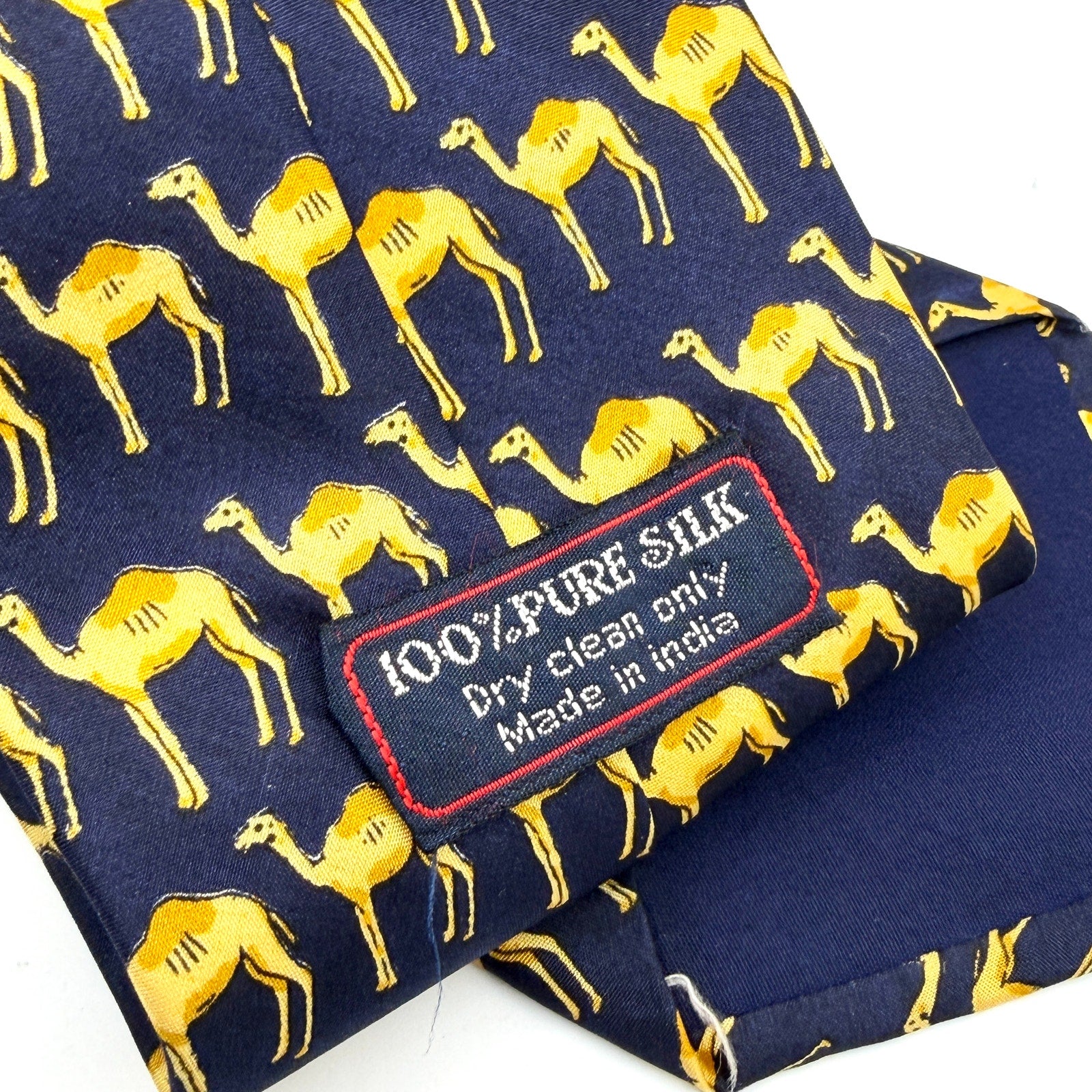 Vintage 90s Navy Silk Gold Camel Novelty Necktie