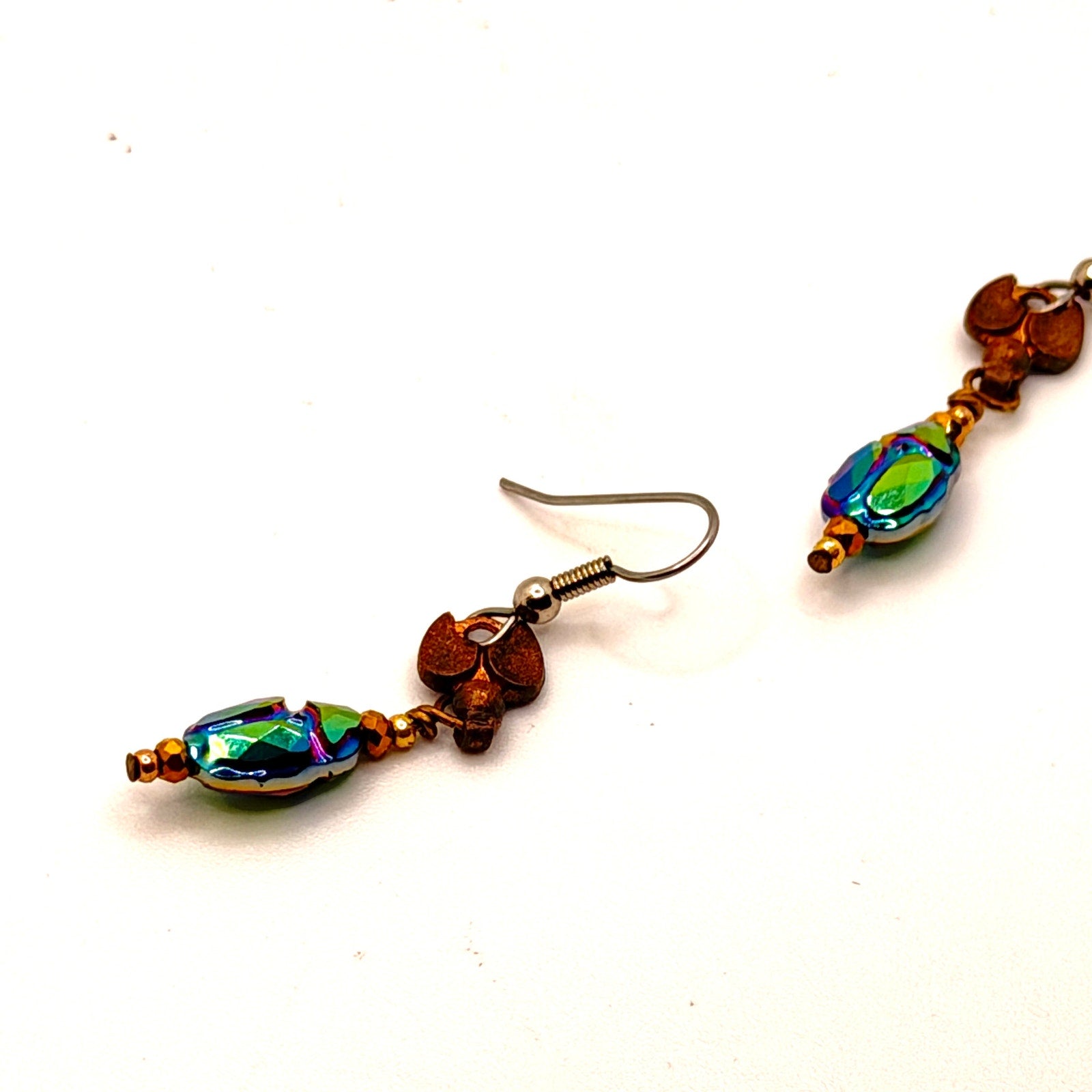 Vintage 90s Scarab Iridescent Green Blue Glass Beetle Drop Earrings