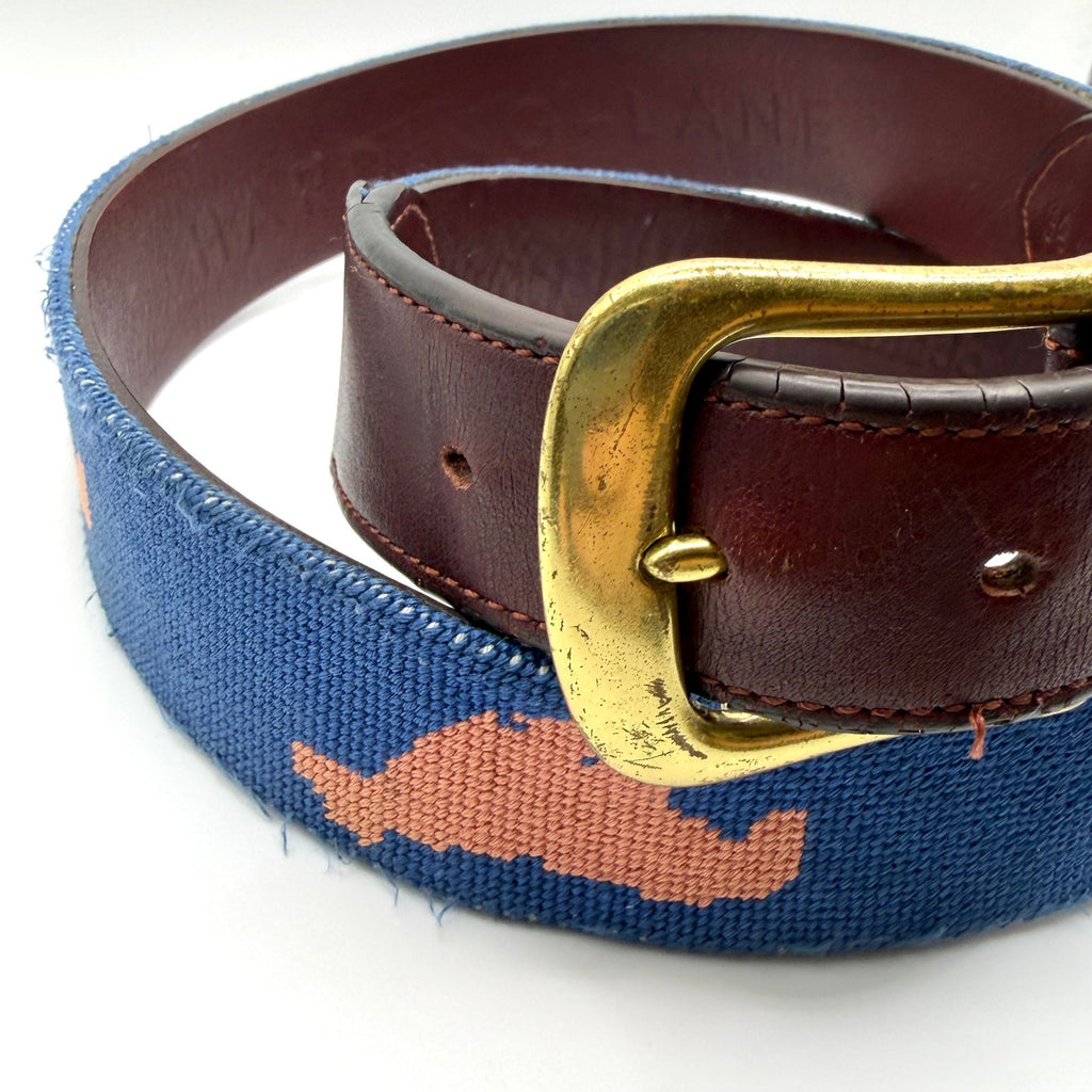 Harding Lane Blue Genuine Leather Preppy Marthas Vineyard Needlepoint Belt