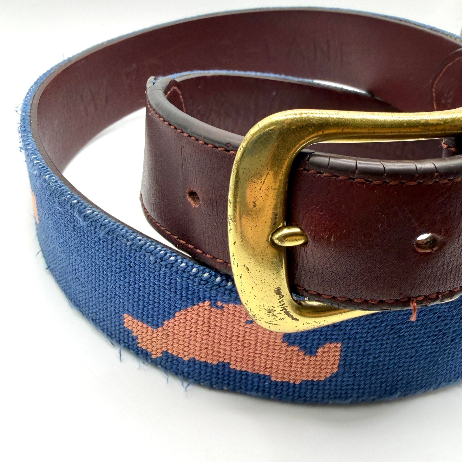 Harding Lane Blue Genuine Leather Preppy Marthas Vineyard Needlepoint Belt