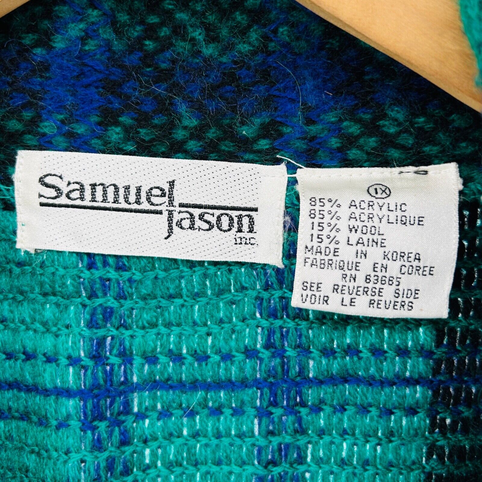 Vintage 80s Samuel Jason Green Blue Plaid Oversized Shoulder Pad Knit Cardigan