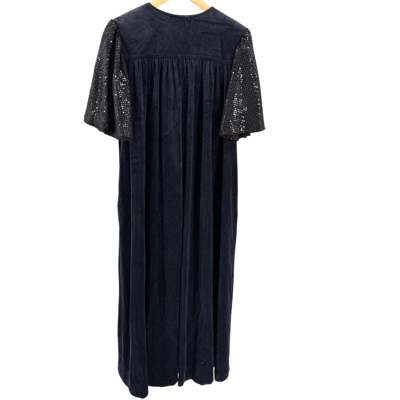 intage 80s Laura Kidd Black Sequin Flutter Sleeve Shoulder Pads Duster Robe
