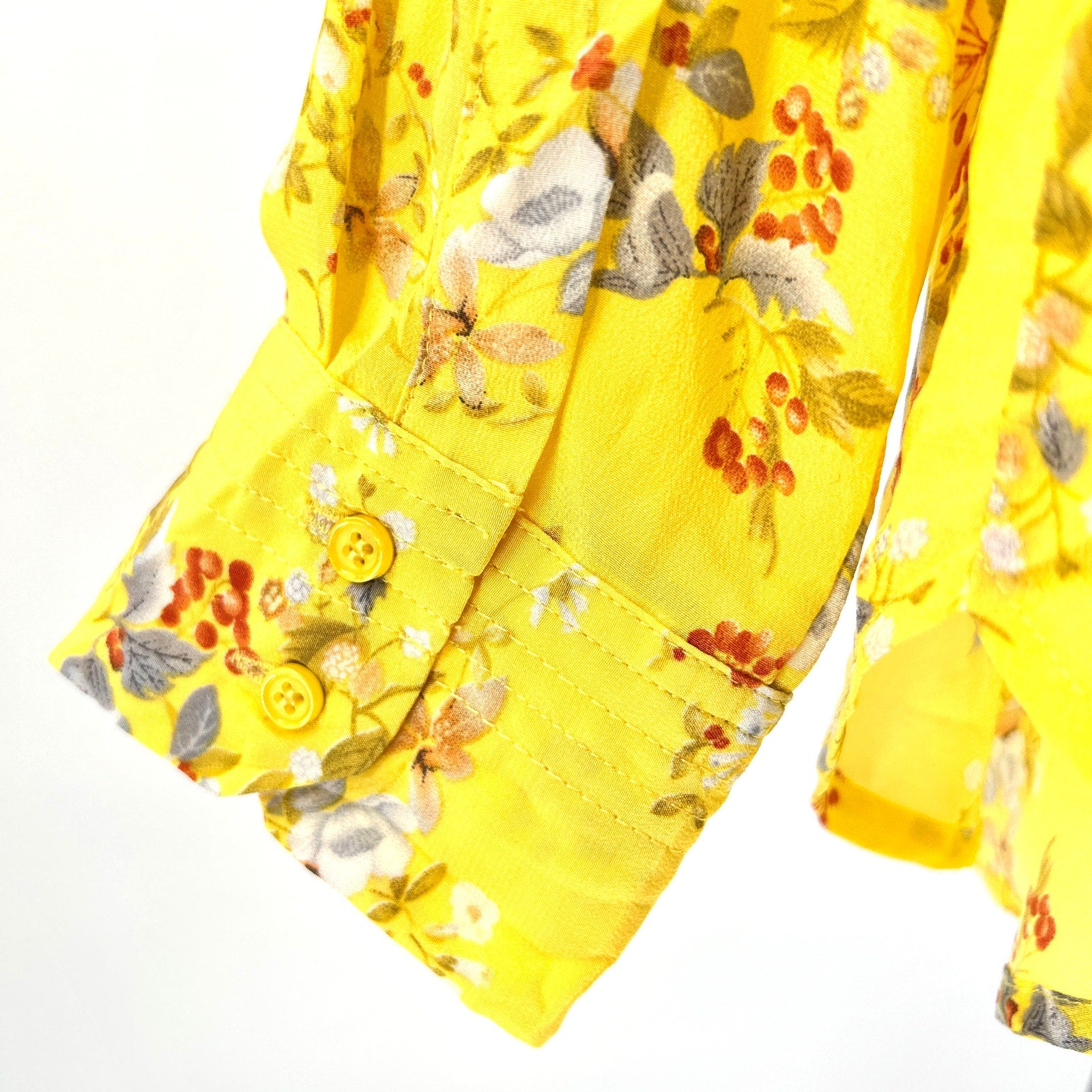 A Loves A Yellow Floral 100% Silk Boho Cottagecore Button Down Shirt