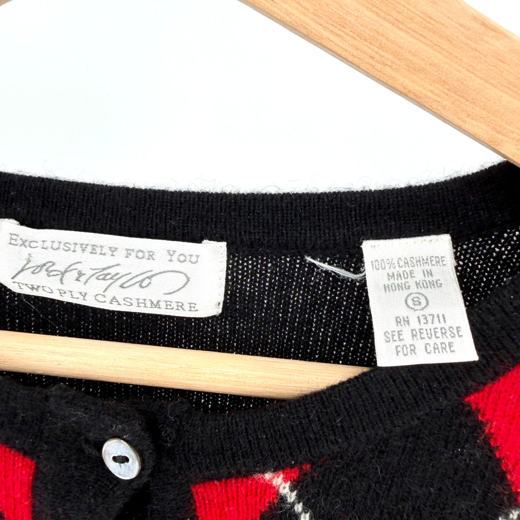 Vintage 90s Lord & Taylor Black Red Argyle 100% Cashmere Cardigan Sweater